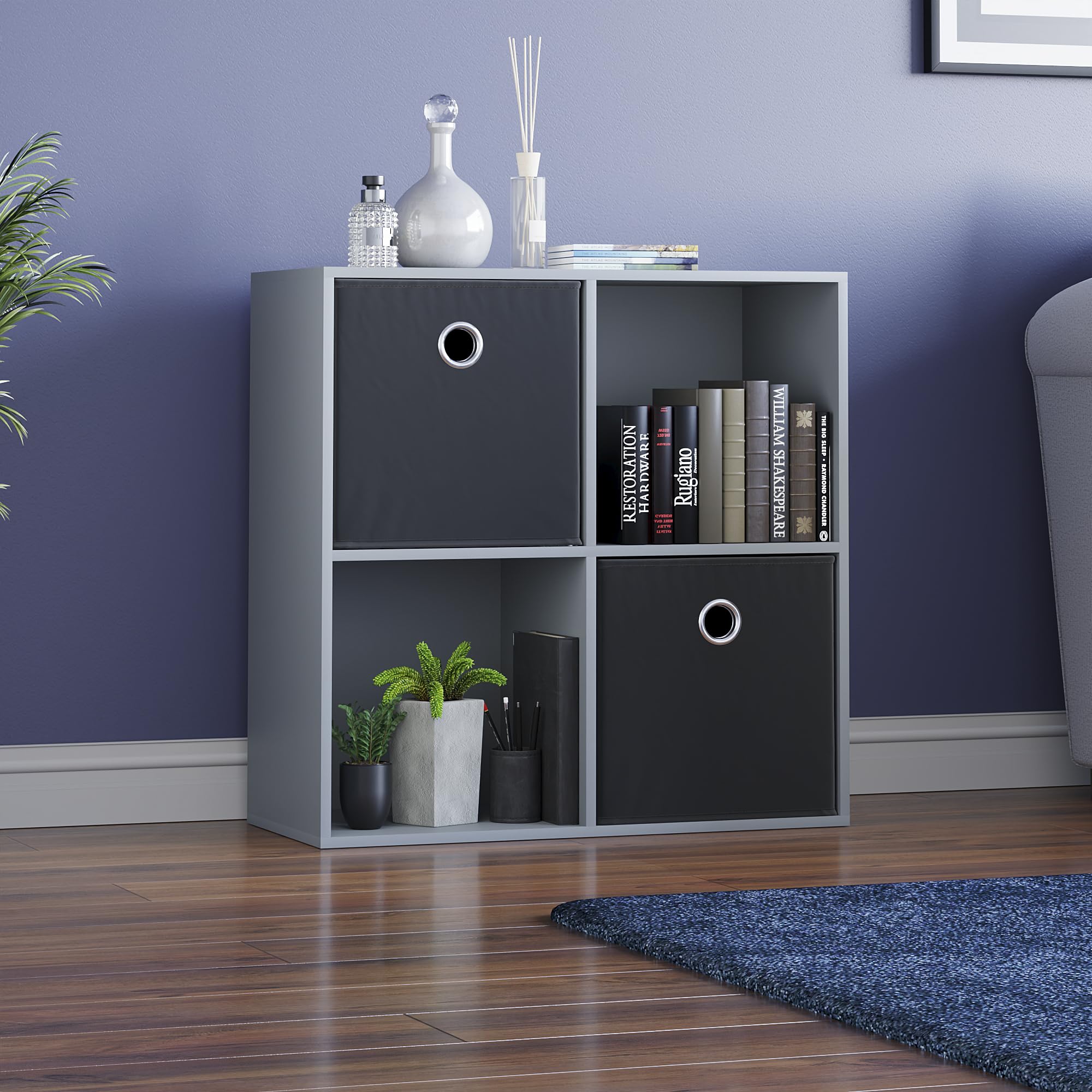 Vida Designs Durham Cube Bookcase Storage Organiser Living Room Bookshelf Home Office Furniture (4 Cube & 2 Black Baskets, Grey)