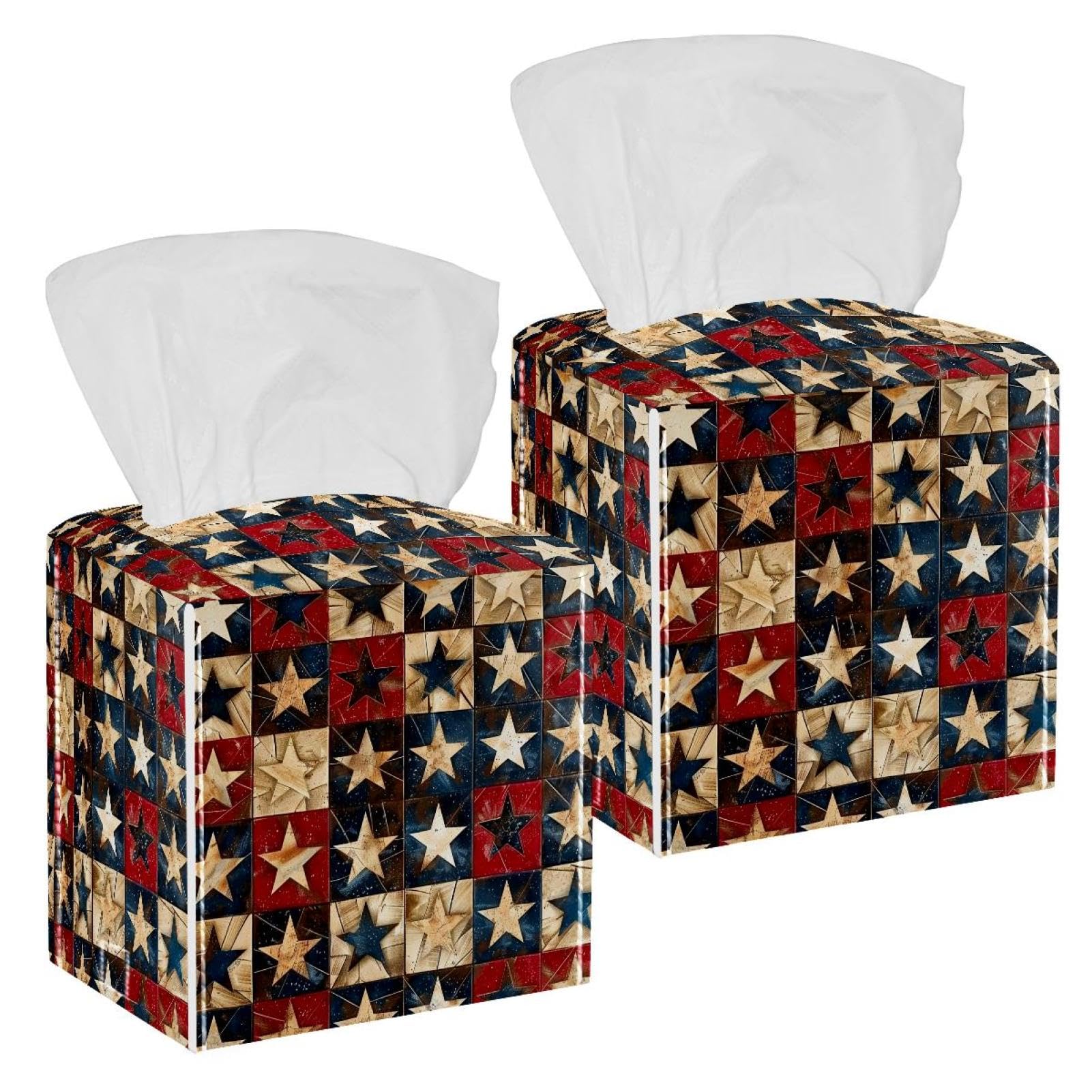American Retro Stars Tissue Box Cover, 2 Pack PU Leather Square Facial Tissue Dispenser Box holder for Home Office Car