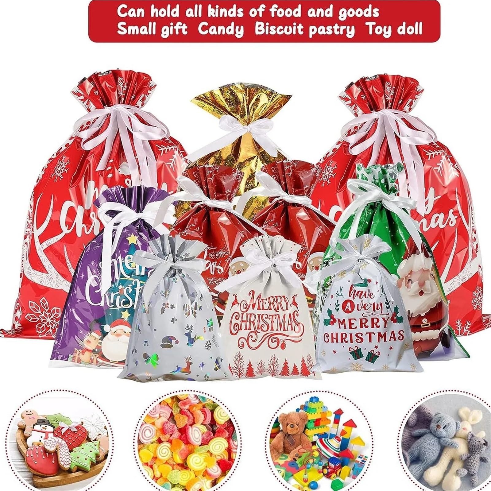 Bolsas Regalo Navidad 10 bolsas de regalo navideñas con cordón, grandes, for dulces y galletas, for decoración del hogar(25-44x57cm)