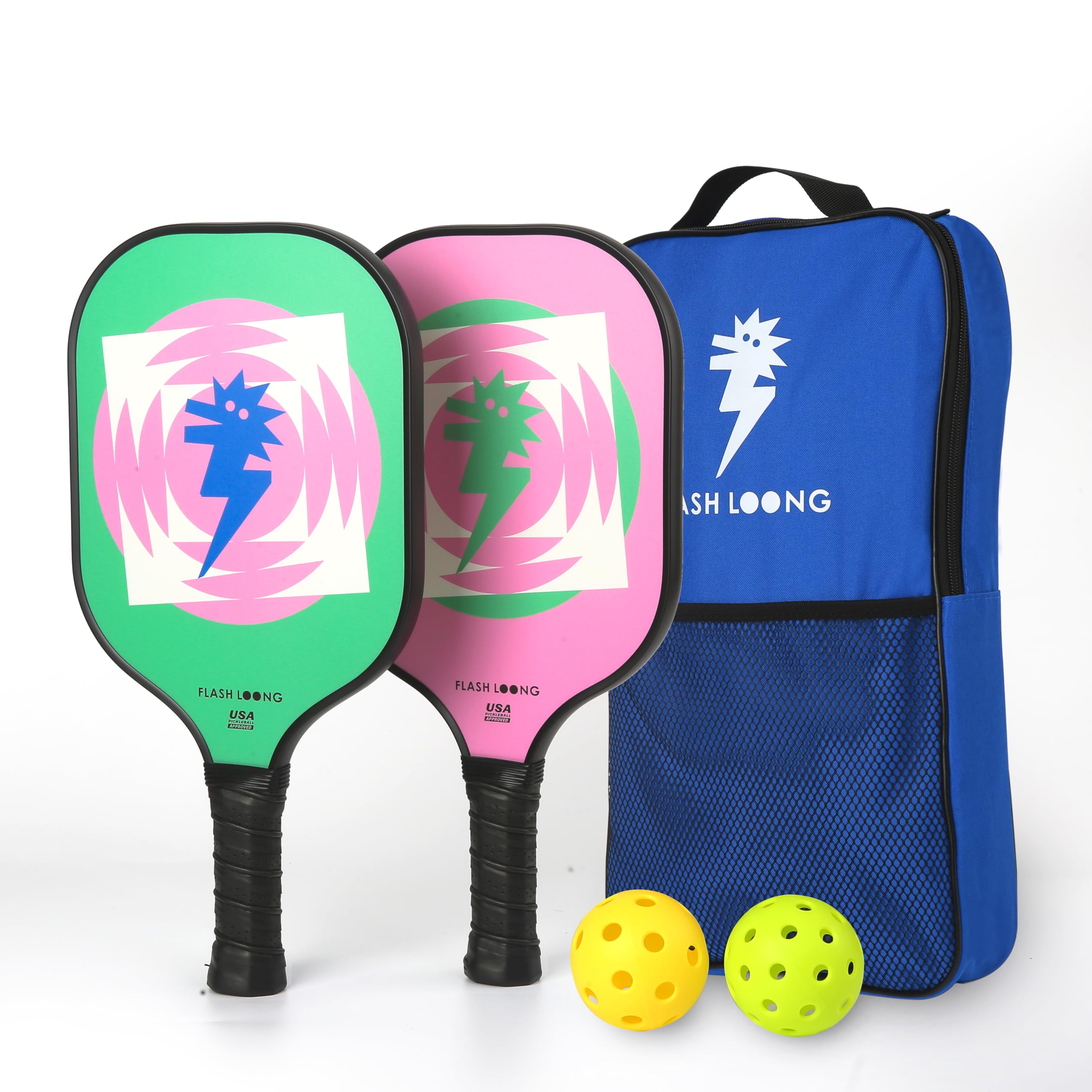 Fun Pickleball Paddles Set of 2 Pink and Green, Cute Pickle Ball Rackets for Kids Girls Boys Women Men, Professional Pickleball Racquets Equipment for Indoor or Outdoor, with Balls & Bags