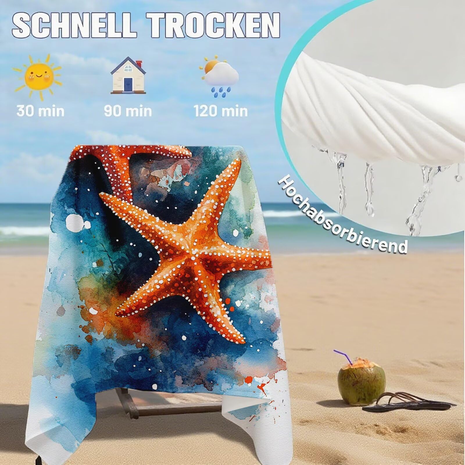 Serviette de Plage XXL 100x200 cm,Étoile de mer Serviette Plage Microfibre avec Séchage Rapide Anti-Sable Absorbante Fonction Design pour Vacances Piscine Pique-Nique Voyages Yoga, Cadeau Femme Q-921