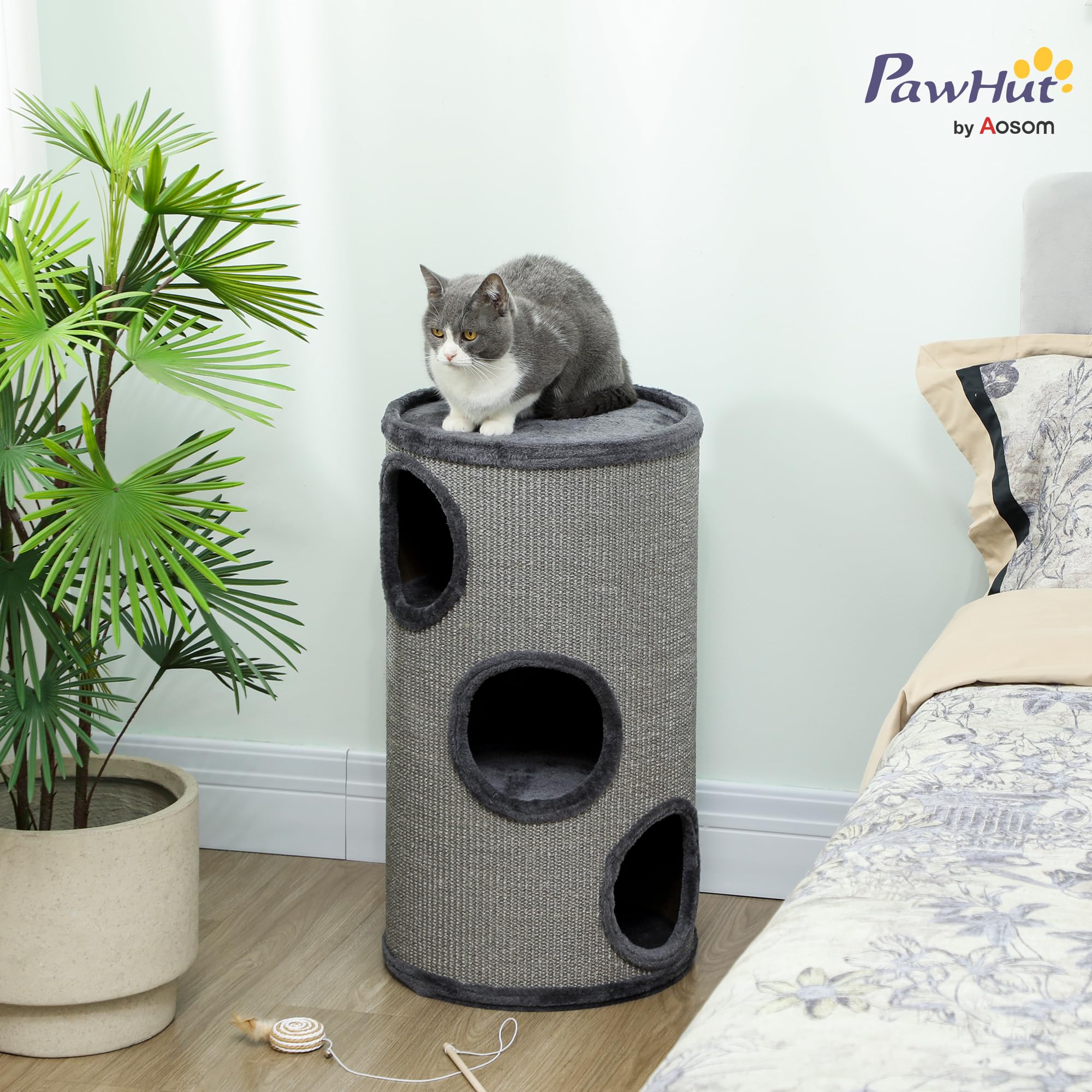 PawHut Cuccia per Gatti a 3 Livelli con Tiragraffi in Sisal e Rivestimento in Peluche, Casetta per Gatti da Interno Multilivello, Ø38x70 cm, Grigio