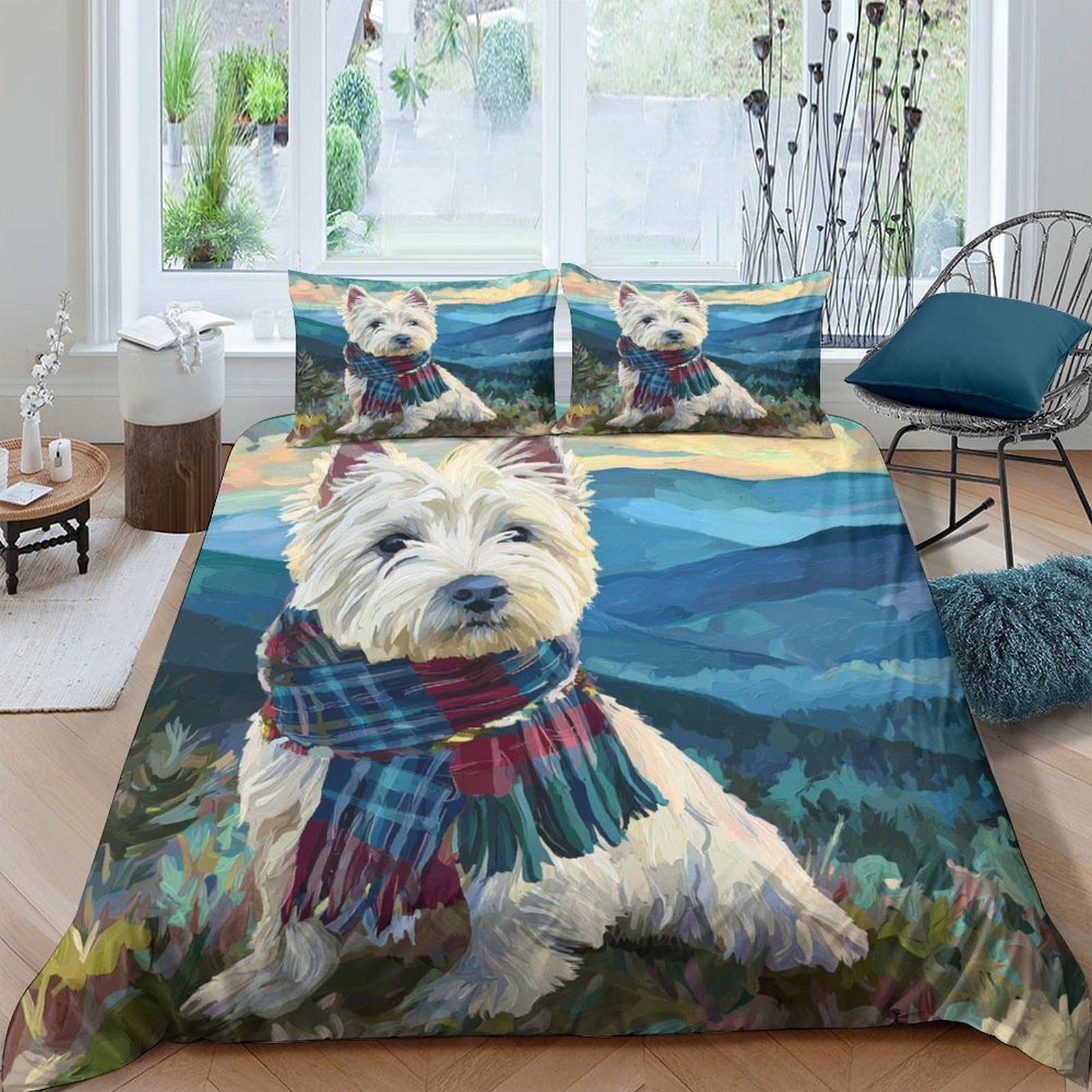 GPLZQXKJNH 3D Printed Westie Dog Duvet Cover Microfiber Soft Breathable Scarf Landscape Bedding Set with 2 Pillowcases for Bedroom Home Single（135x200cm）