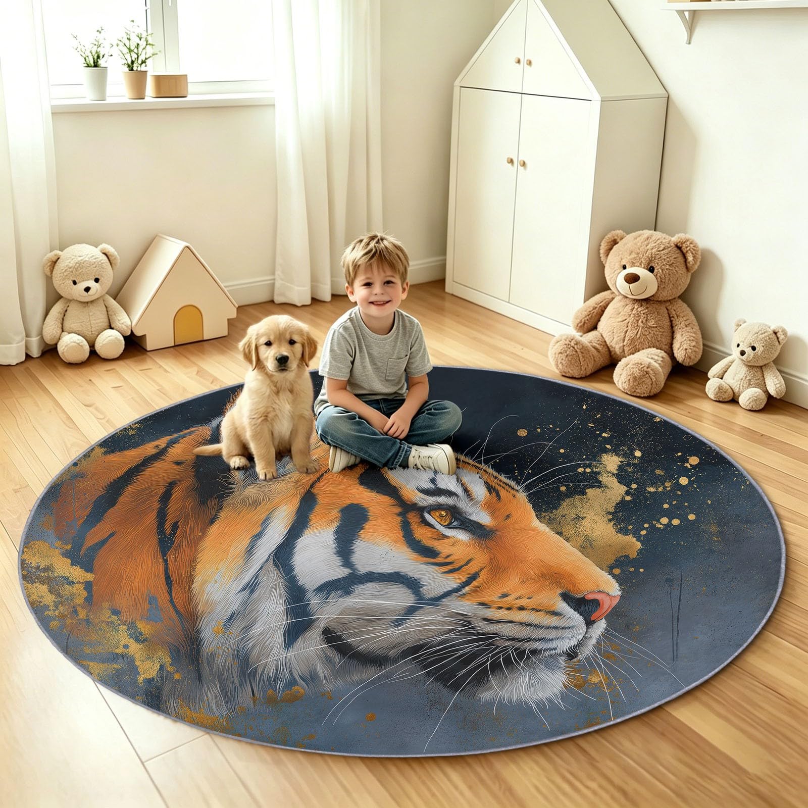 Tappeto rotondo per soggiorno, camera da letto, 90 cm, motivo animali, con retro in gomma antiscivolo, lavabile in lavatrice, per sala da pranzo, bagno, morbido e morbido, per interni, motivo: tigre