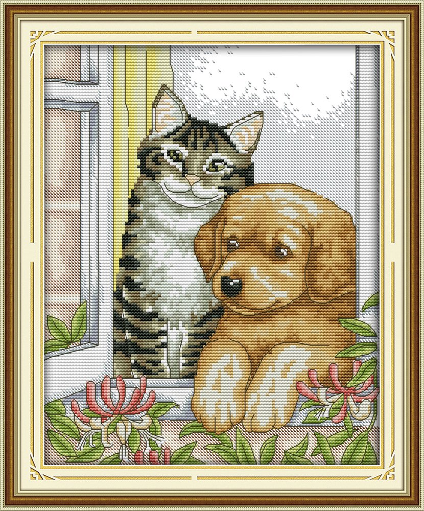 CaptainCrafts Cross Stitch Kits, Counted Cross Stitch Unpreprinted Fabric Cross Stitch DMC DIY Art Embroidery Kits (Unpreprinted 14CT, The Dog and Cat)