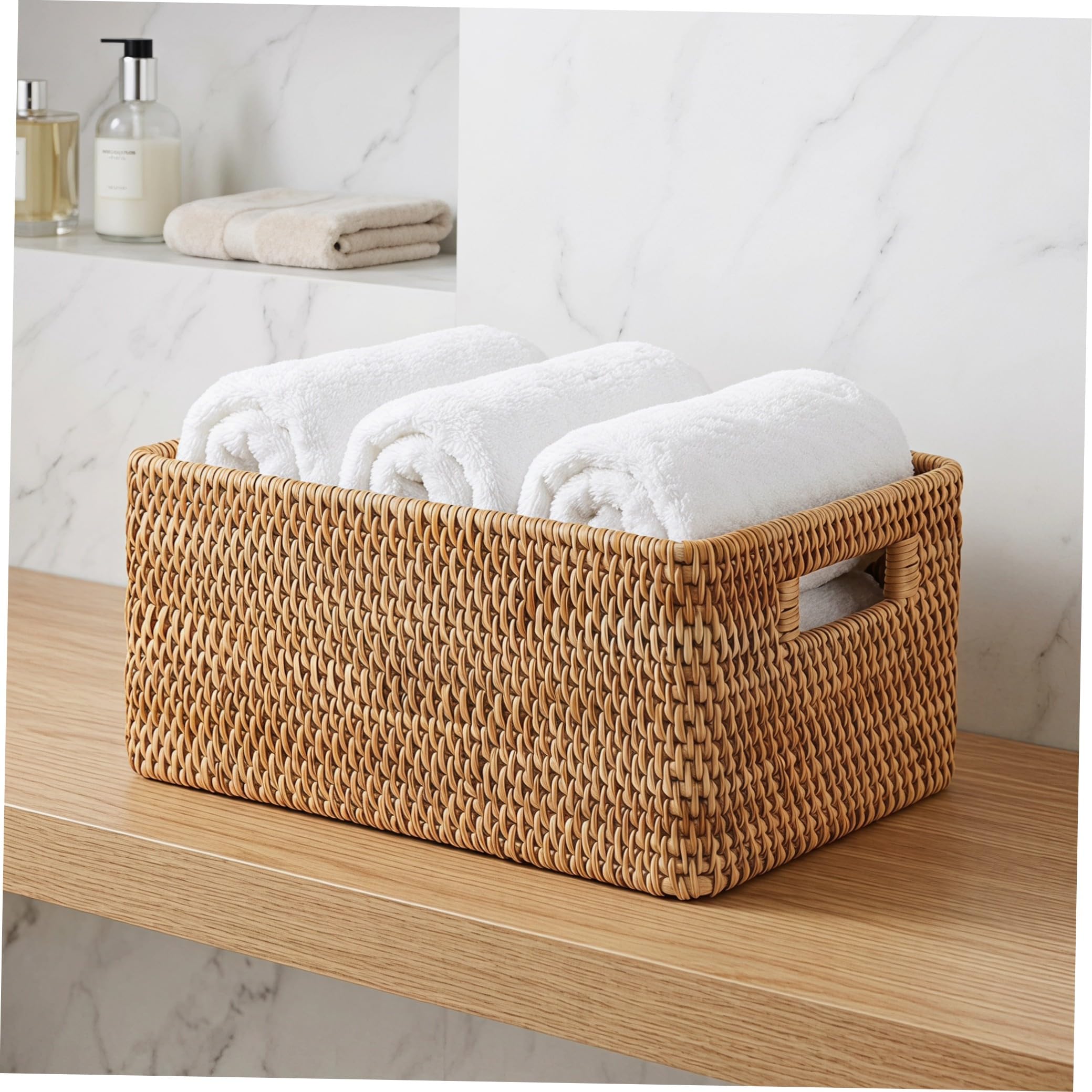 Caja de Almacenamiento de Ratán Diseño Nórdico con Textura Natural con Asas Integradas , Transpirable y Fácil de Llevar Adecuado para Estantes y Debajo Cama
