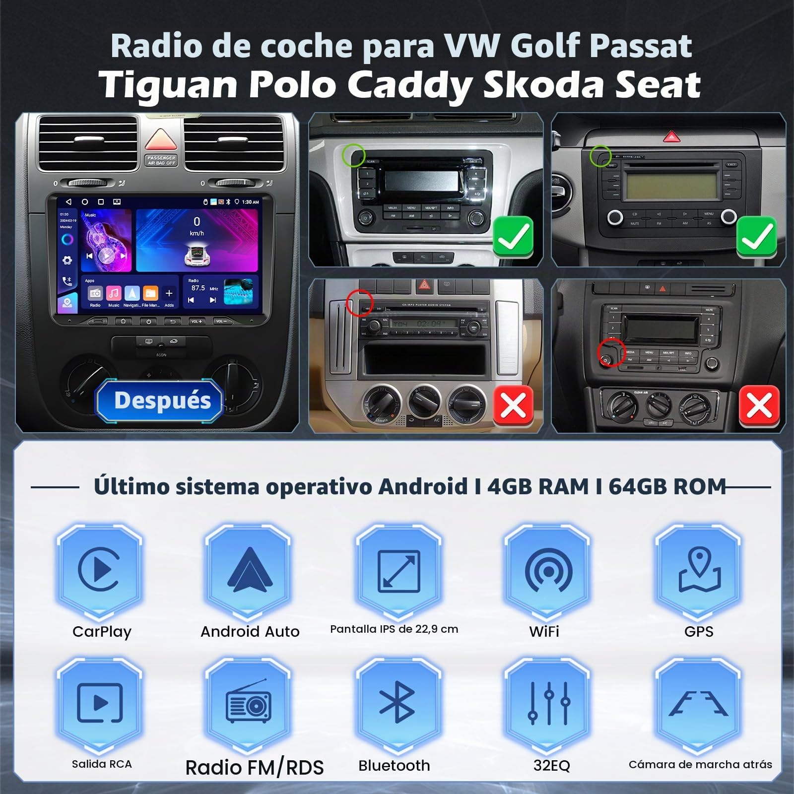 Hikity 4G+64G Android 15 Radio Coche VW Golf 9" Wireless CarPlay BT