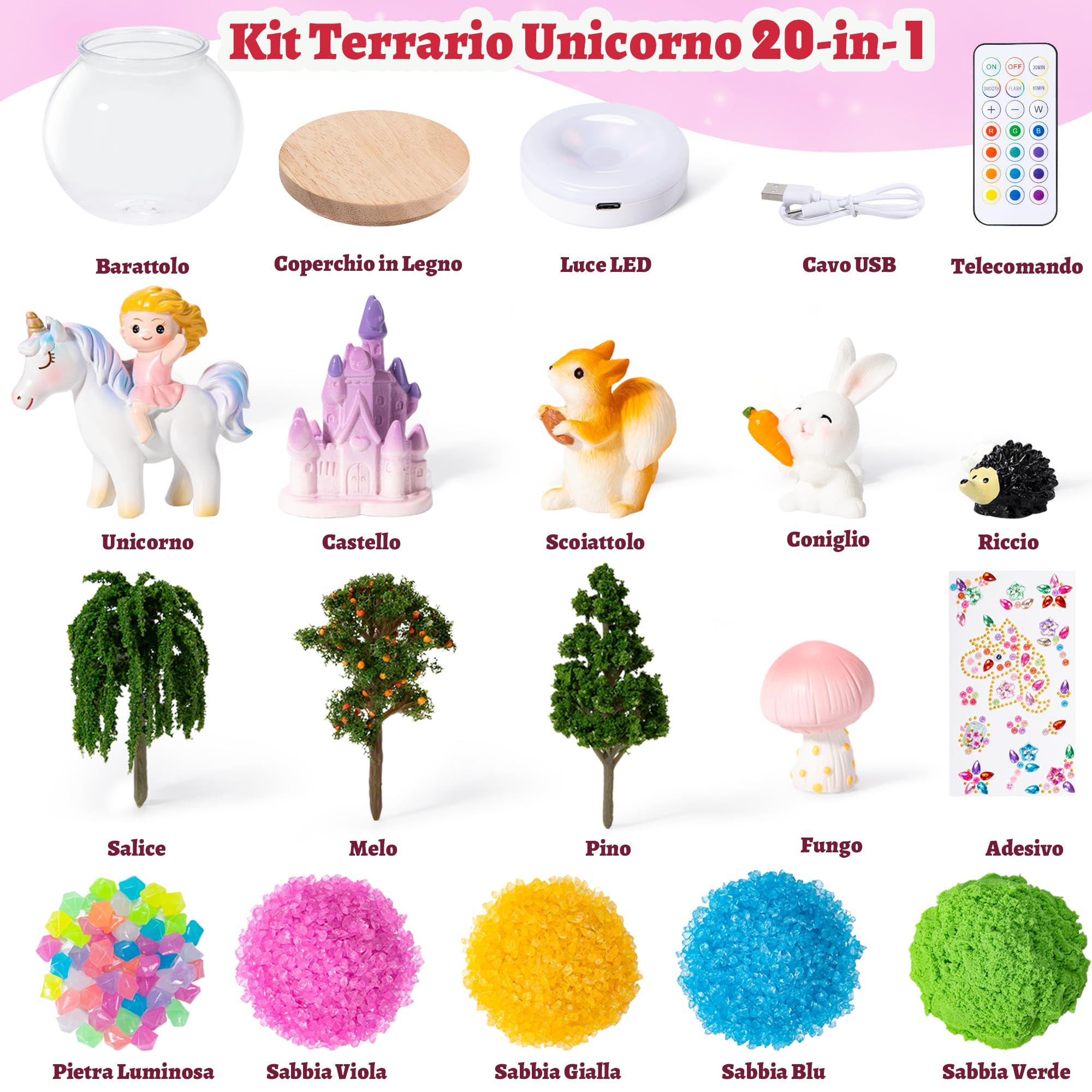 Regalo Unicorno per Bambina - Giochi per Bambina - Kit terrario Unicorno per Ragazza - Luce notturna LED ricaricabile - Giocattoli e Regali compleanno per bambine di 4, 5, 6, 7, 8, 9, 10 anni