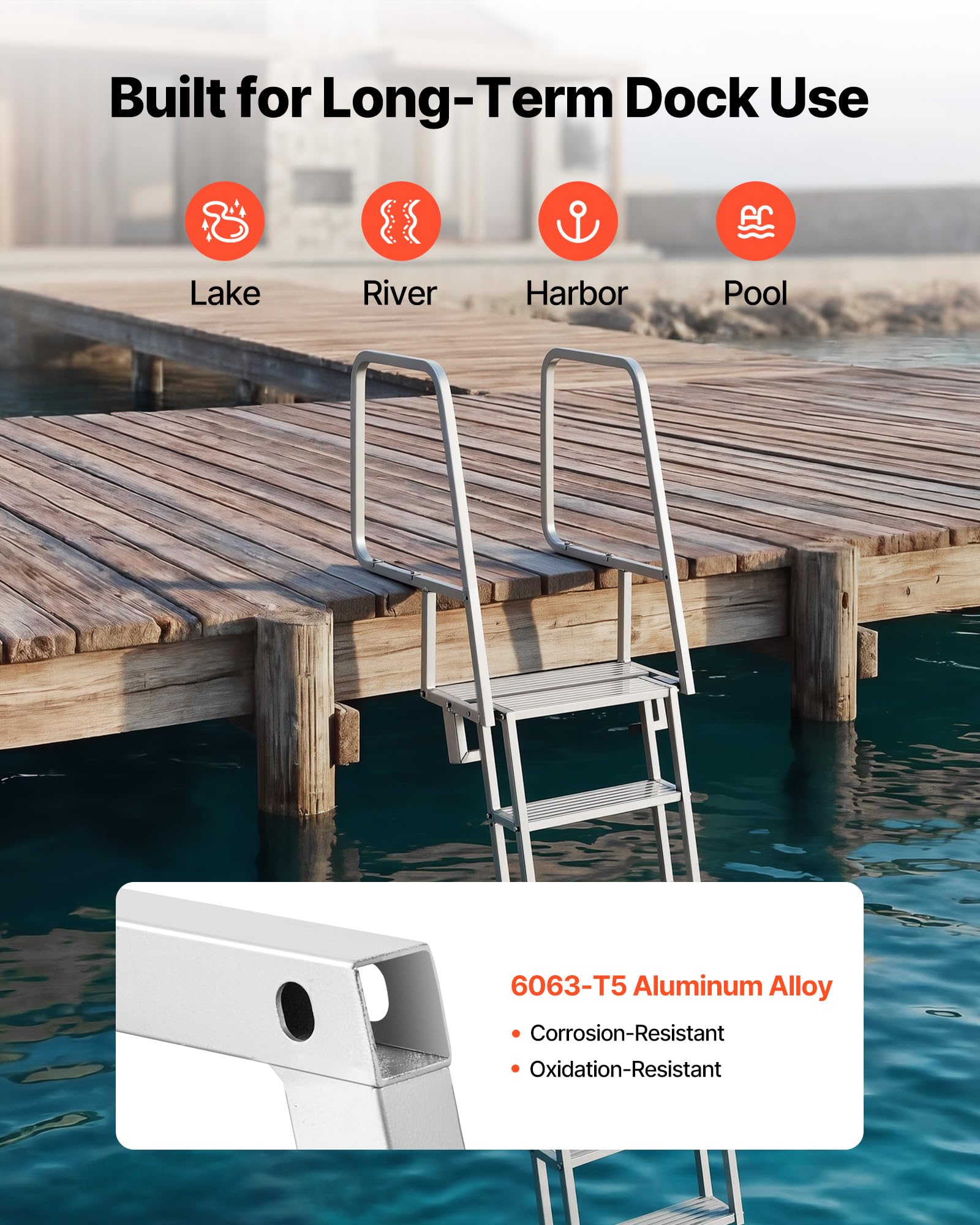 VEVOR Escalera de Muelle de Aleación de Aluminio con 6 Peldaños Antideslizantes, Escalera de Pontón Abatible con Pasamanos, Cuerda, Soporta 159 kg, Uso en Piscinas Embarcaciones Natación Barcos Lago