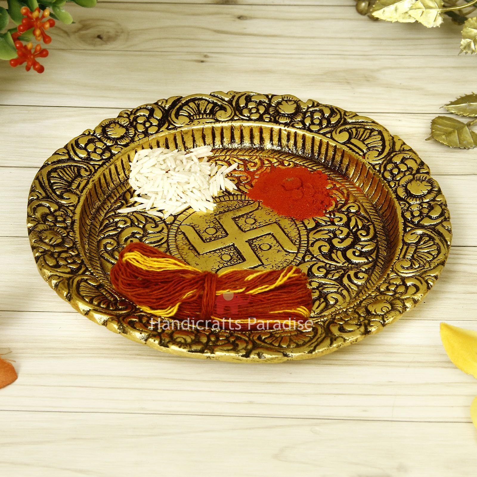 Handicrafts Paradise Metal Platter in Round Shape Antique Golden Finish 6.5 X 6.5 Inch