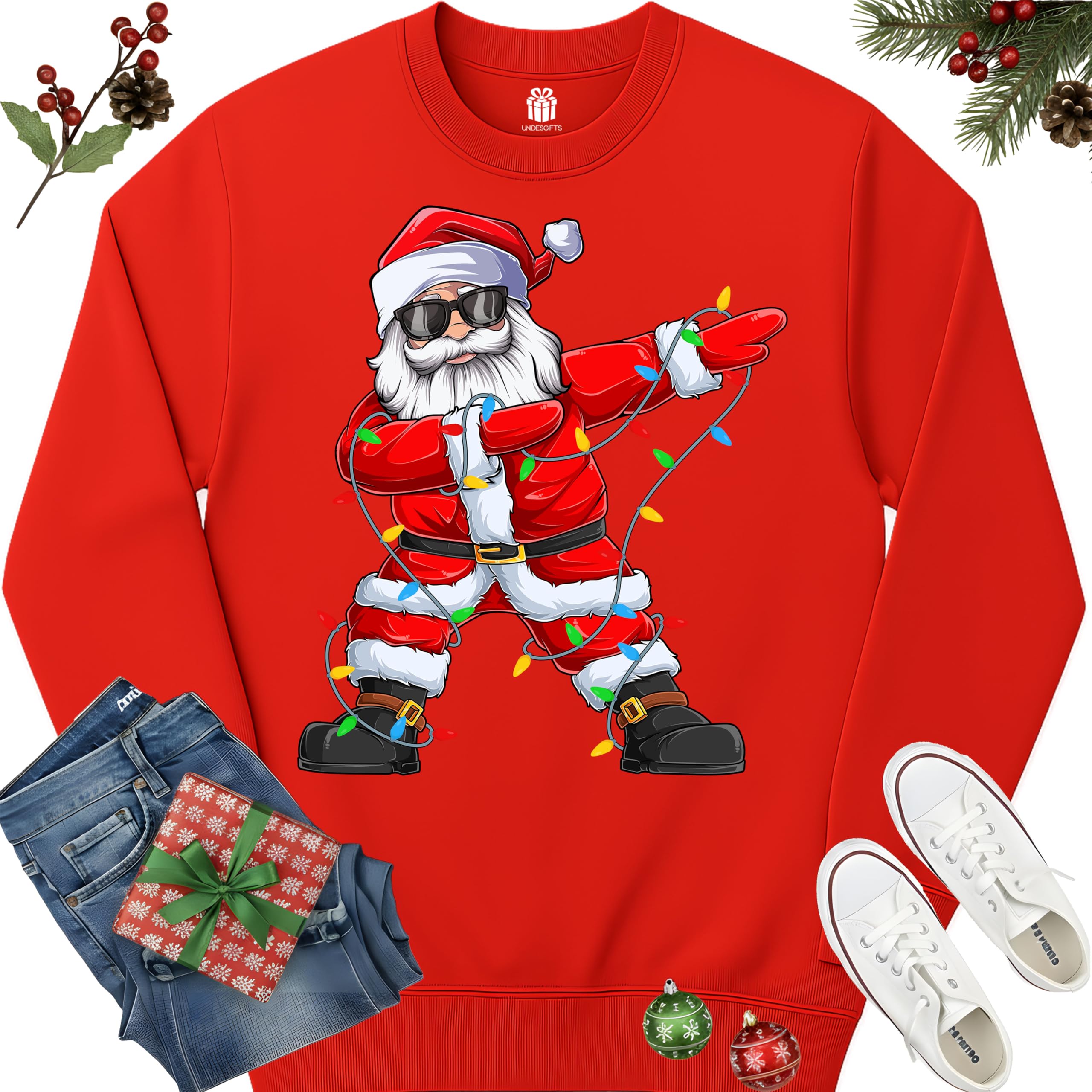 Dabbing Santa Christmas Red Lights T-Shirt for Men, Boys, Girls and Kids, Funny Dad Boyfriend Son