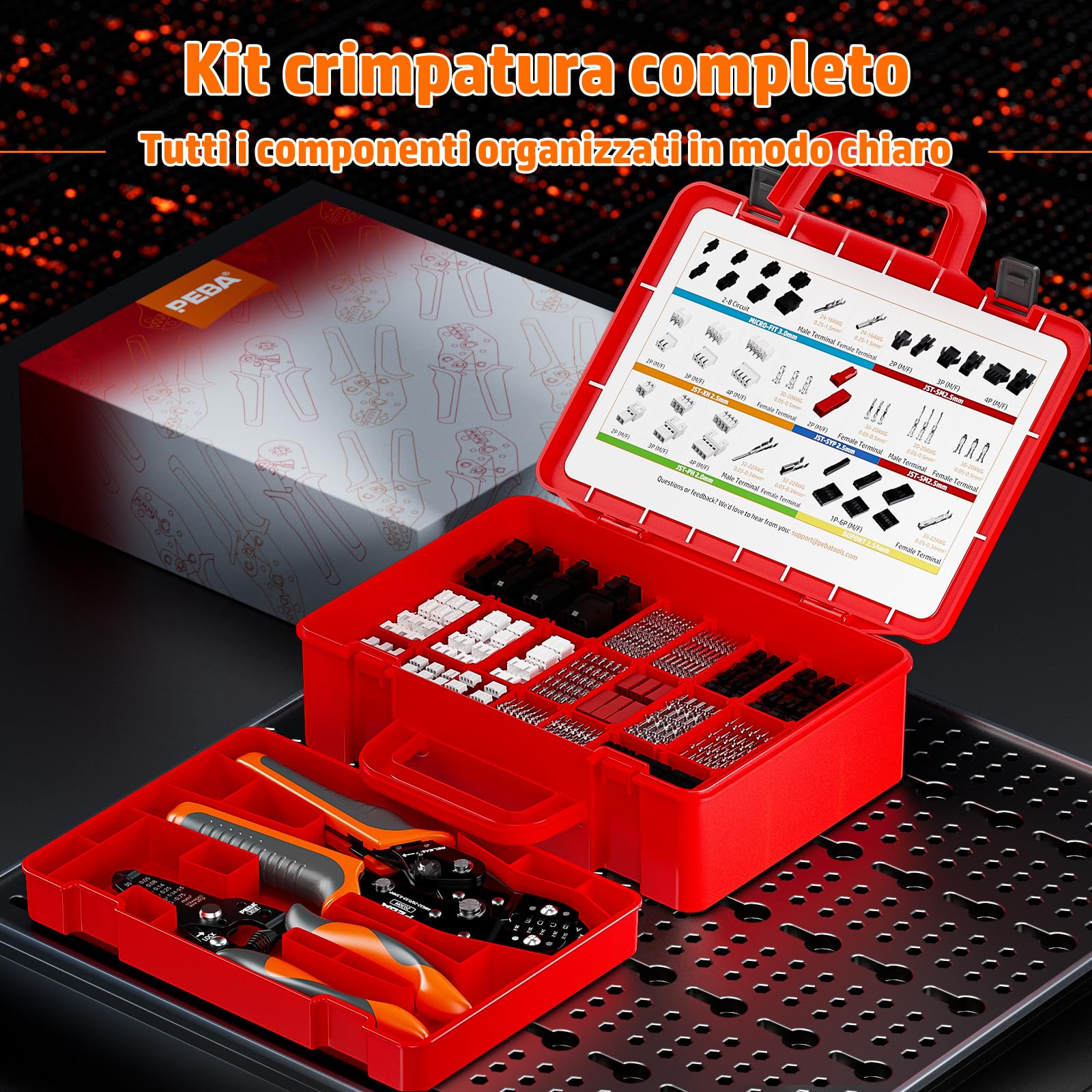 PEBA Set di micro connettori con pinza crimpatrice a cricchetto, Micro-Fit 3.0, Dupont da 2,54 mm e JST-PH/XH/SM/SYP, 45 tipi di connettori, 0,03-1,5 mm², con pinza spelafili