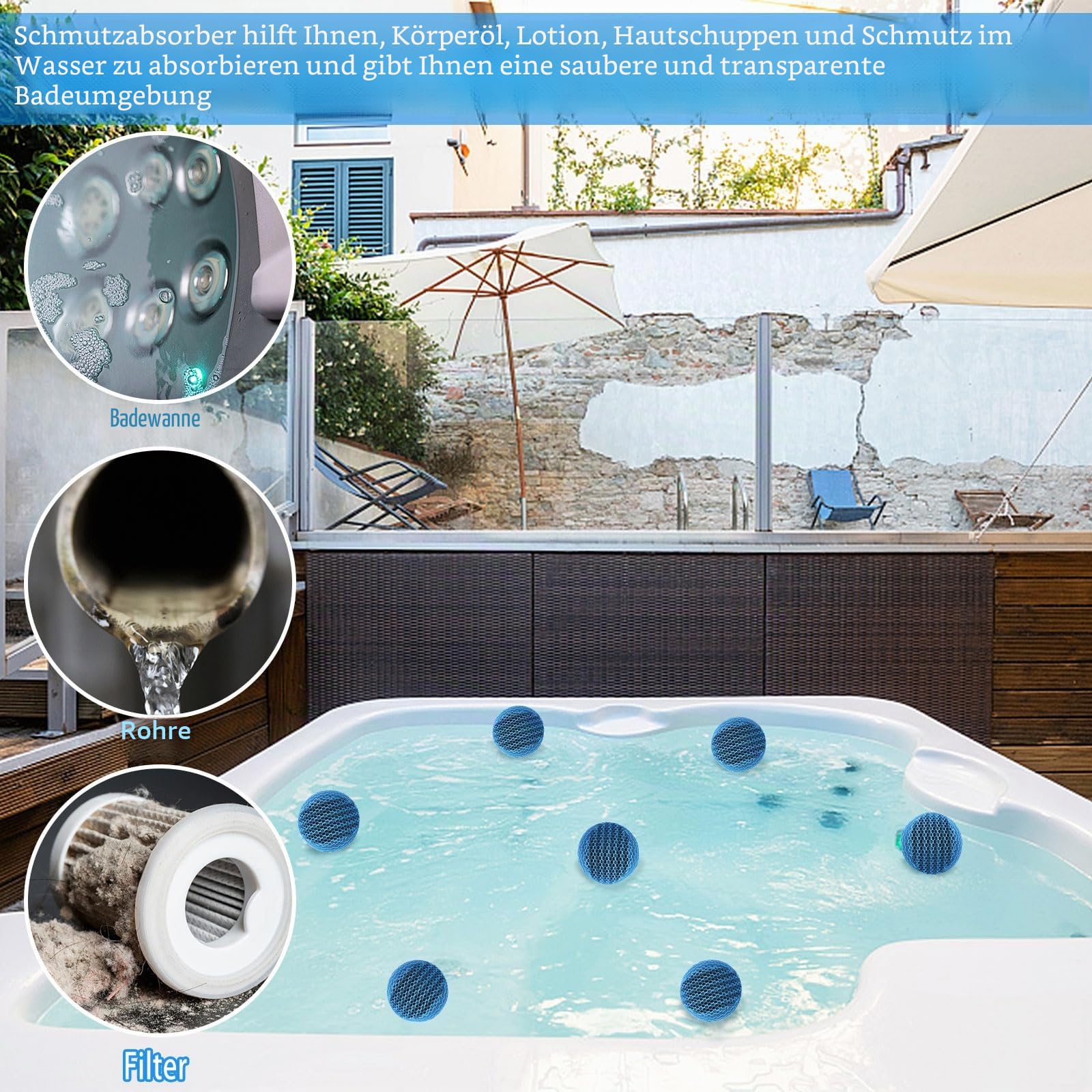 JULMELON Whirlpool-Schaum-Absorber, 2 Stück, Spa- und Pool-Schaum beseitigende Bälle, wiederverwendbar, ölabsorbierender Schwamm, waschbarer Schaum, schwimmender Filter, um Wasser klar sauber zu