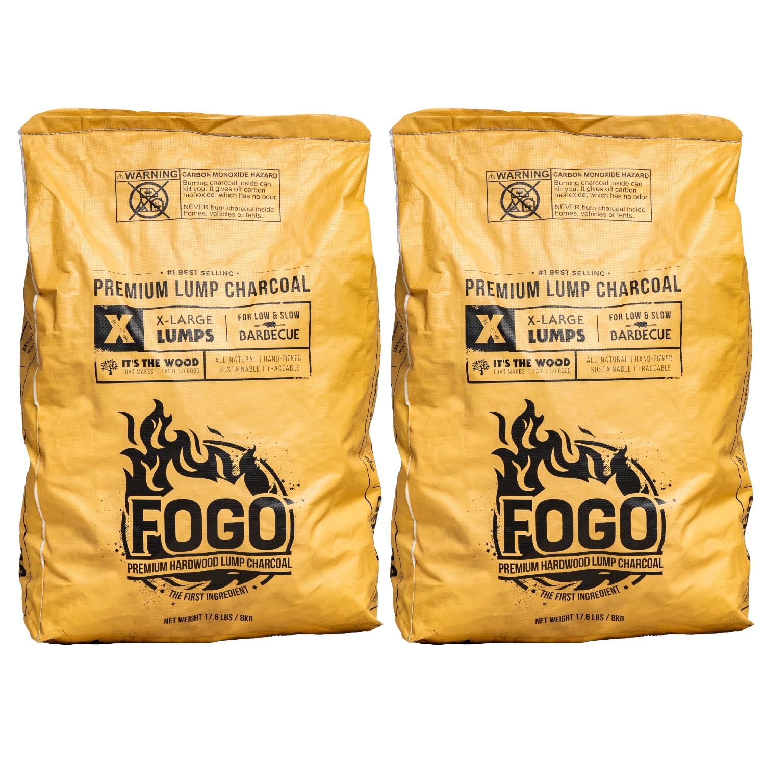 FOGO Super Premium Hardwood Lump Charcoal, Natural, Large Sized Lump Charcoal for Grilling and Smoking, Restaurant Quality, 17.6 Pound Bag, 2-Pack