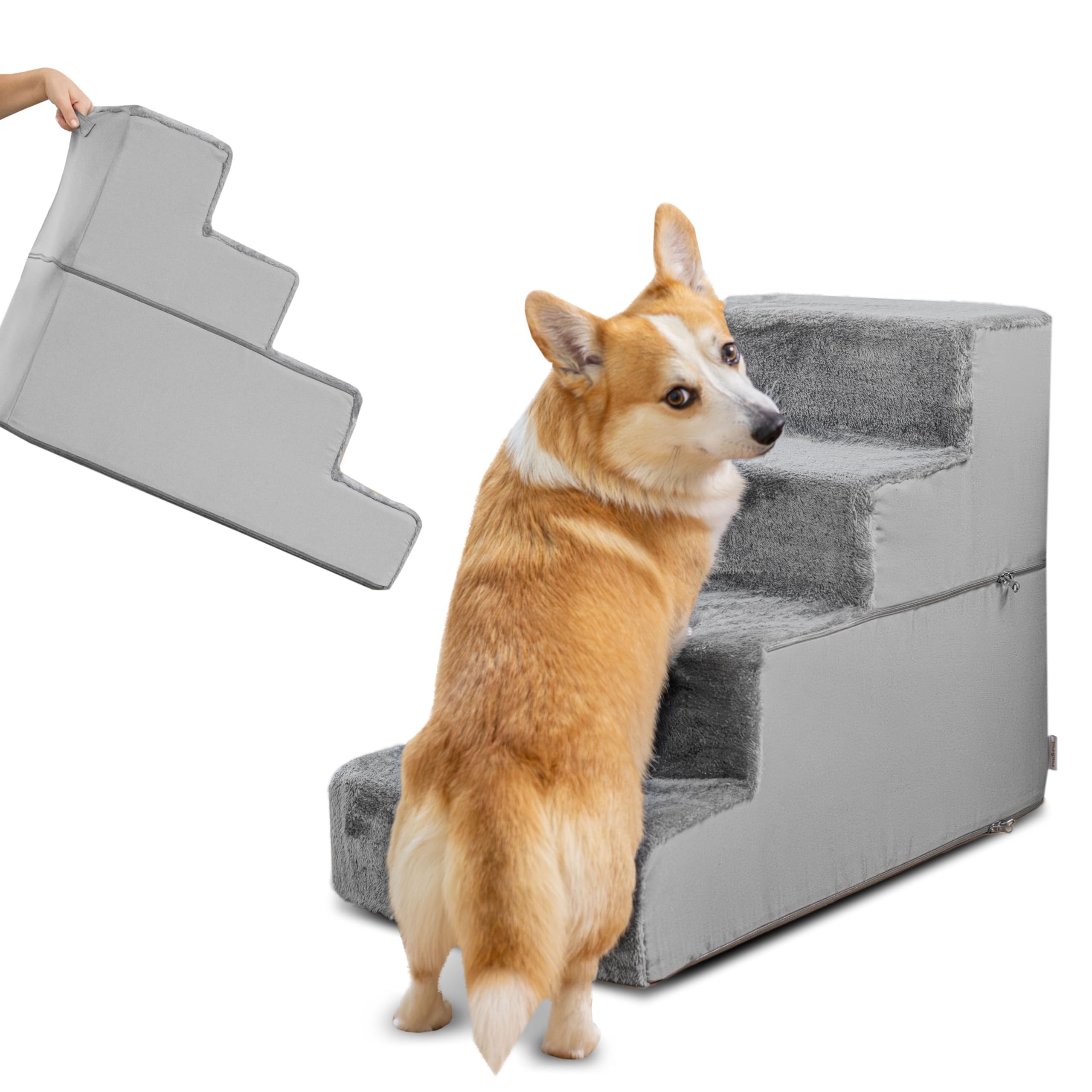 Escaleras Perros Subir a la Cama - Rampa para Perros de 4 peldaños - Escalera para Perros pequeños de Espuma de Alta Densidad de 58 cm - Base Antideslizante - Escalera para Mascotas - Gris Claro