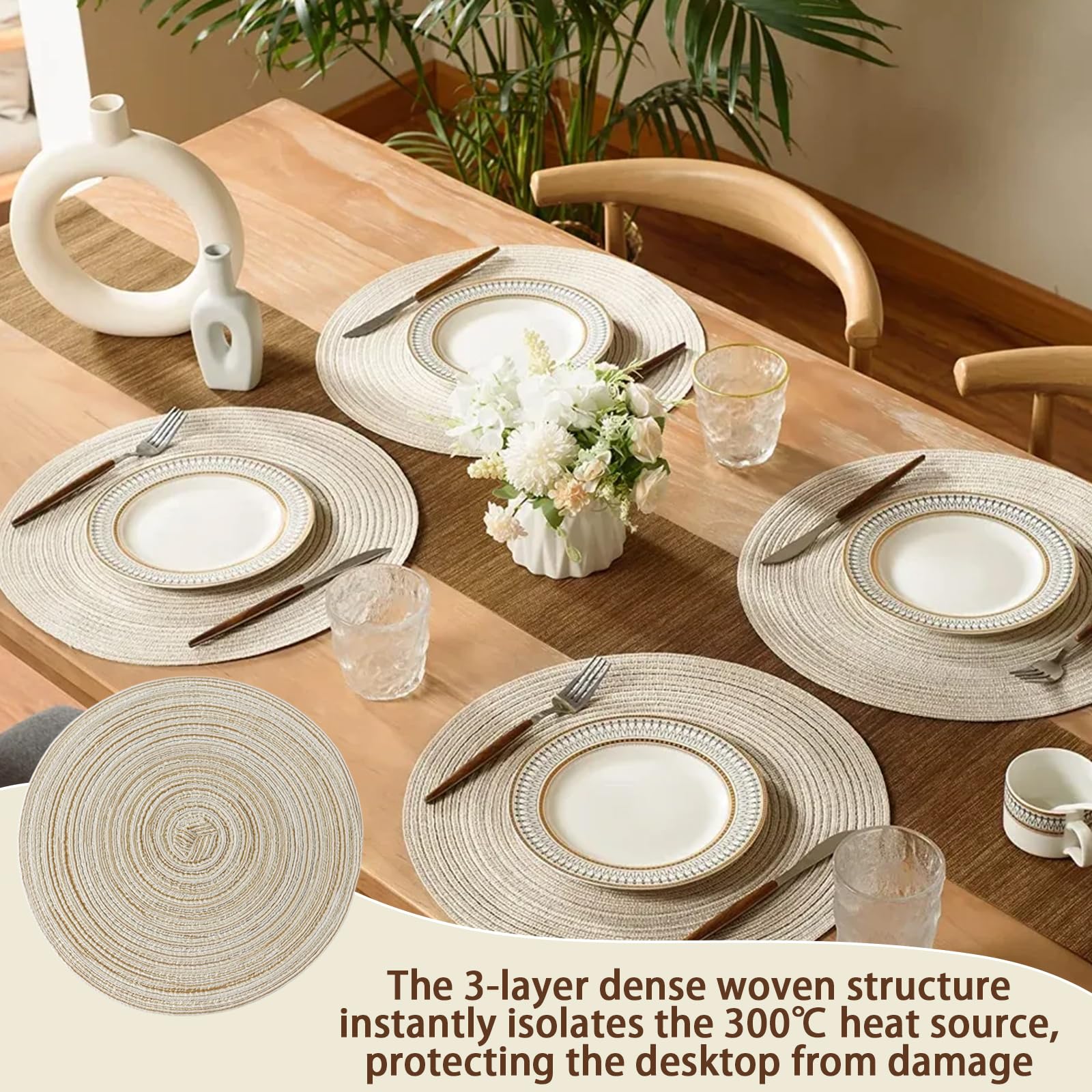 Juego de 8 Manteles Individuales Redondos Lavables 38 cm Trenzado, Antideslizante Salvamanteles Mantel Individual Redondo Beige, Place Mats for Dining Table, para la Mesa de Cocinaa，Lavables Trenzados — view 4