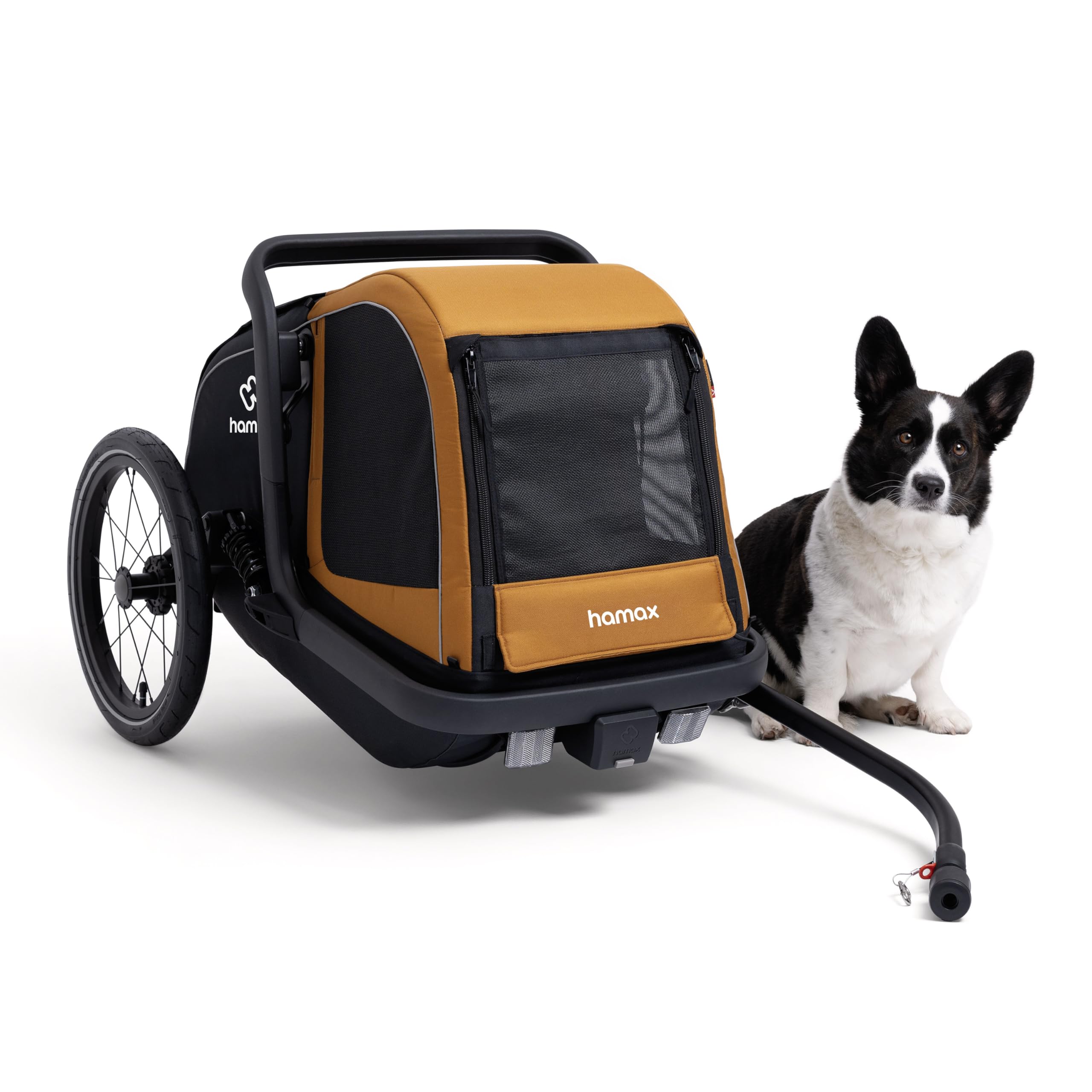 Hamax - Milou S Remorque Vélo Chien 20 kg - Suspension Réglable 3 Positions - Pliable - Frein de Stationnement - Jaune et Noir