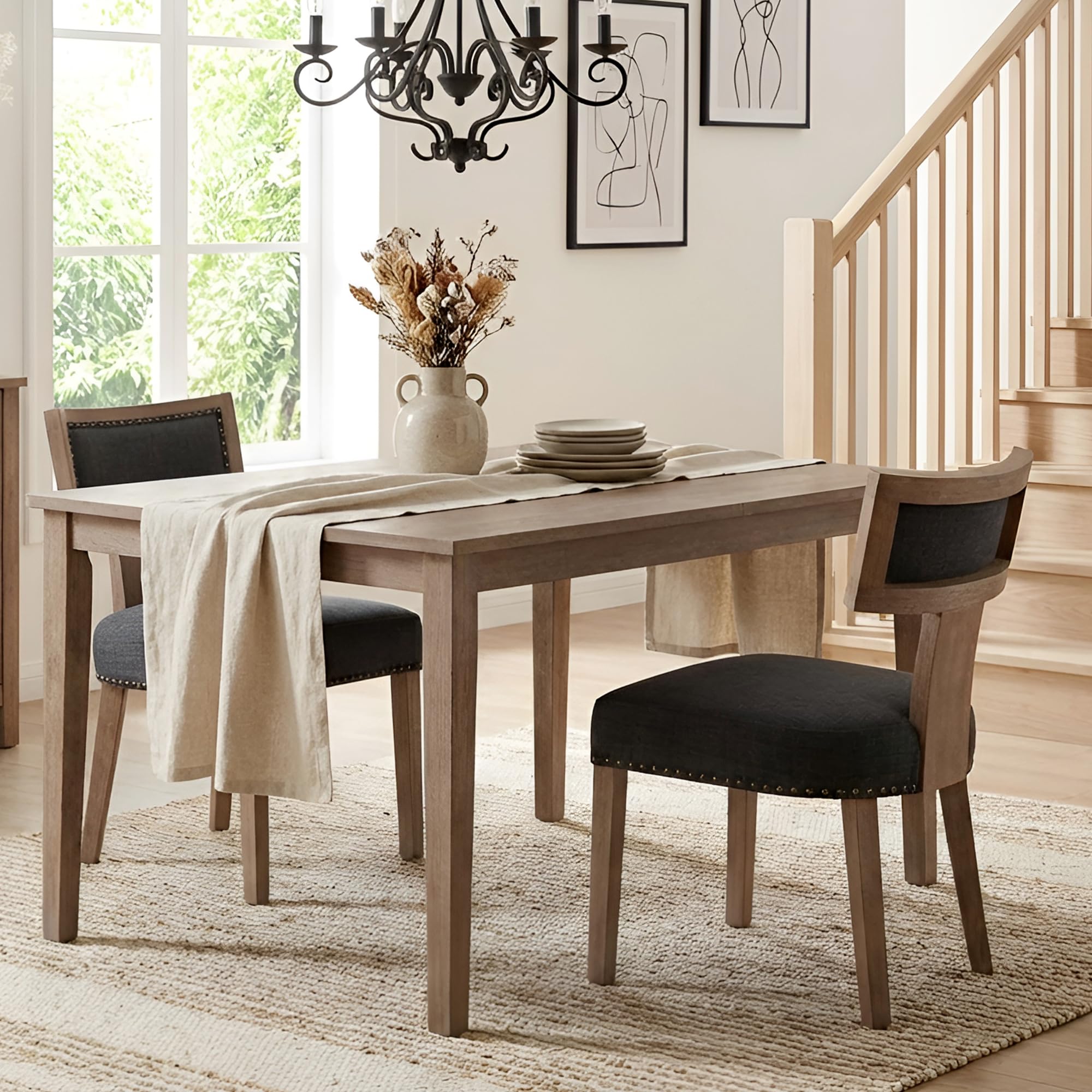 HNY Mid Century Modern Dining Chairs Set of 2, Farmhouse Linen Fabric Upholstered Accent Chairs Curved Nailhead Trim Backrest Kitchen Chairs, with Hardwood Frame, Charcoal