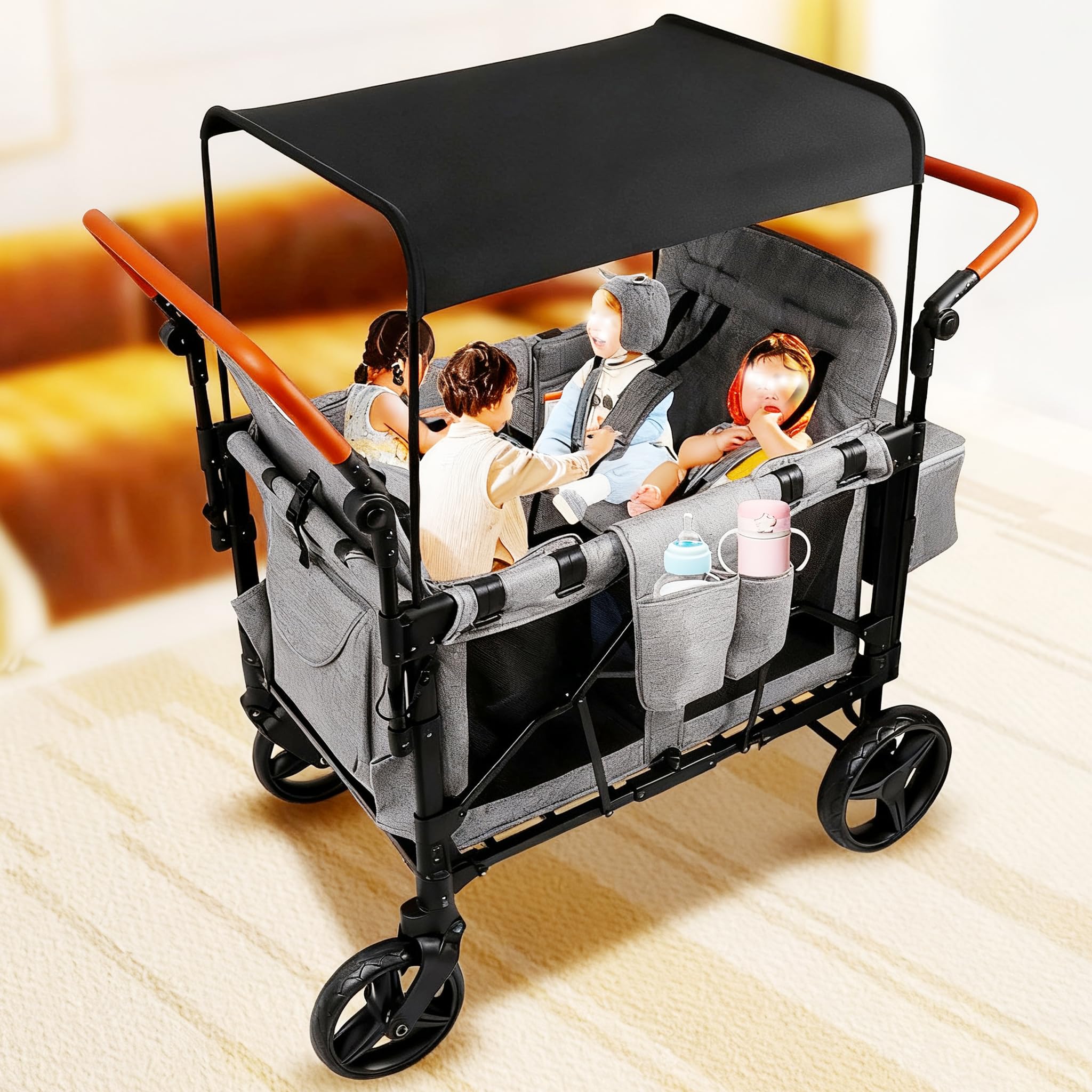 Carritos de Arrastre para niños, Carrito Todoterreno, Cochecito de 4 plazas, Barra de Empuje Doble Plegable, arnés de 5 Puntos y Organizador de Almacenamiento. Grey