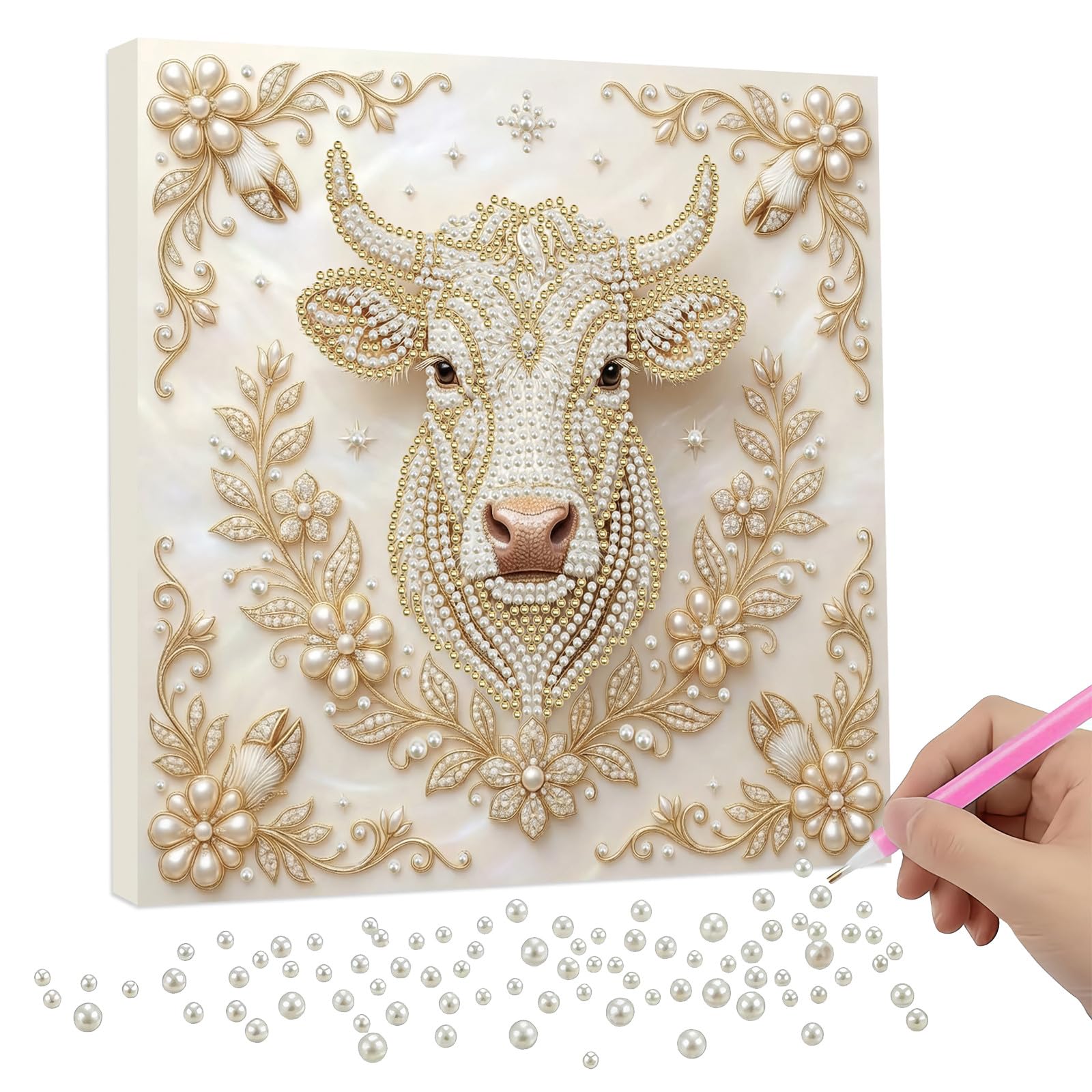 Lebartm DIY Pearl Painting Kit with Frame 9.84x9.84IN Twelve Zodiac Gemstone Diamond Dots Beads White Canvas Art Craft Display for Tabletop and Wall Mounting Home Decor-Ox — image 1