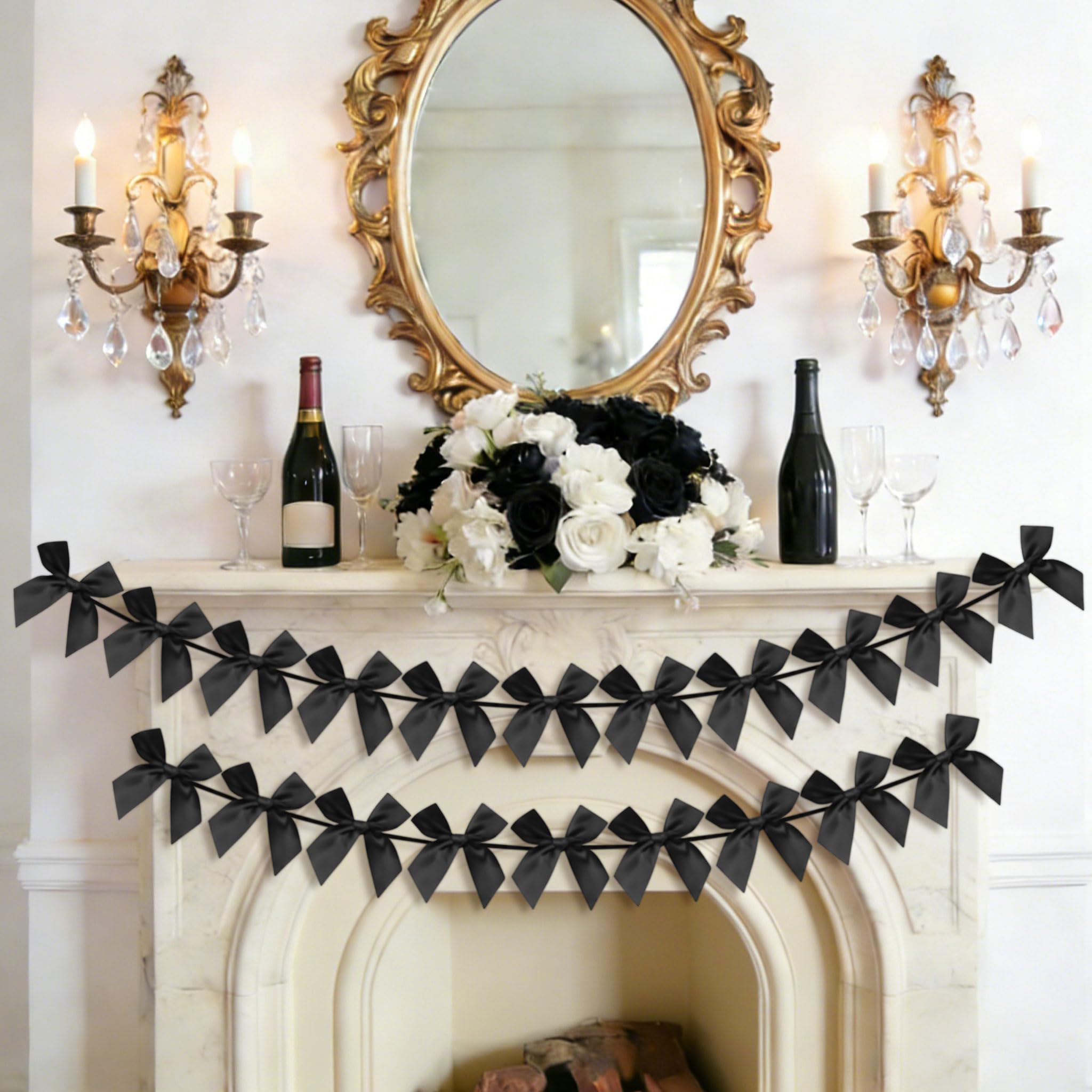 2 PCS Black Bow Garland Banner Coquette Ribbon Party Decorations for Birthday Bridal Shower Wedding Engagement Baby Shower Supplies