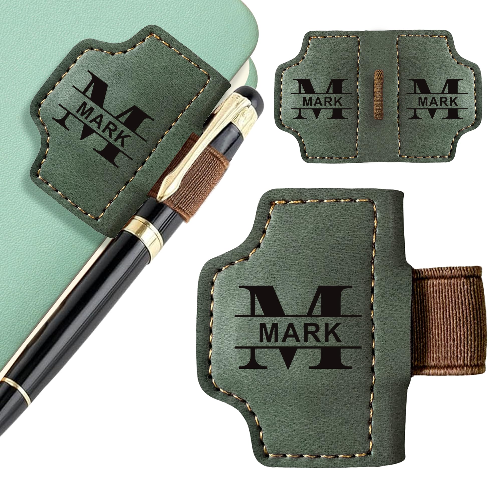 Personalised Magnetic Bookmark, Leather Bookmark Clip with Pen Holder, Engraved Bookmarks for Women Men Teacher Students Book Lovers, Christmas Birthday Graduation Book Mark Gifts (Green)