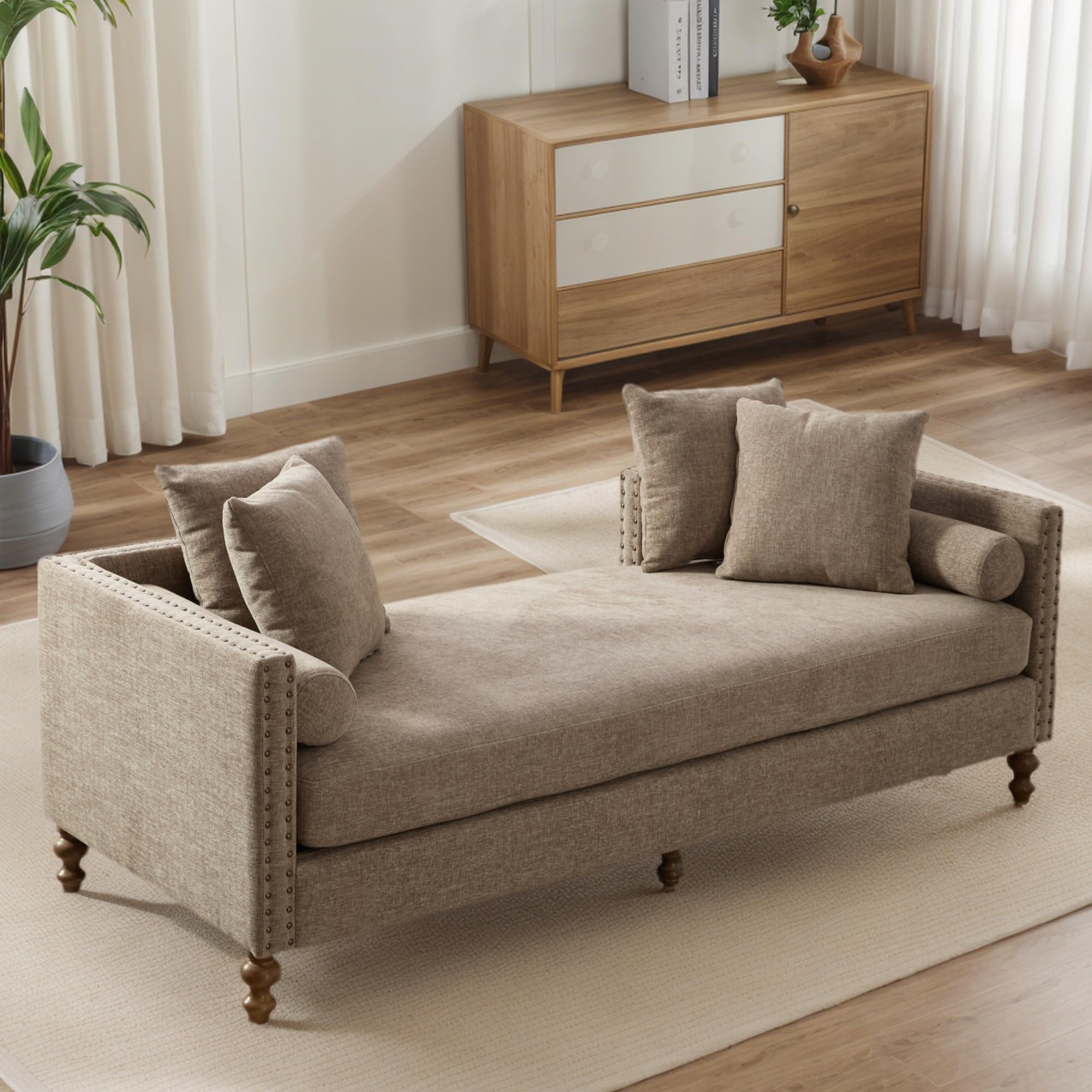 Mlmh & Kngwa 75" Upholstered Oversized Chaise Lounge Chair Indoor with Armrests & 6 Pillows & Solid Wood Legs for Bedroom Living Room, Chenille,Taupe