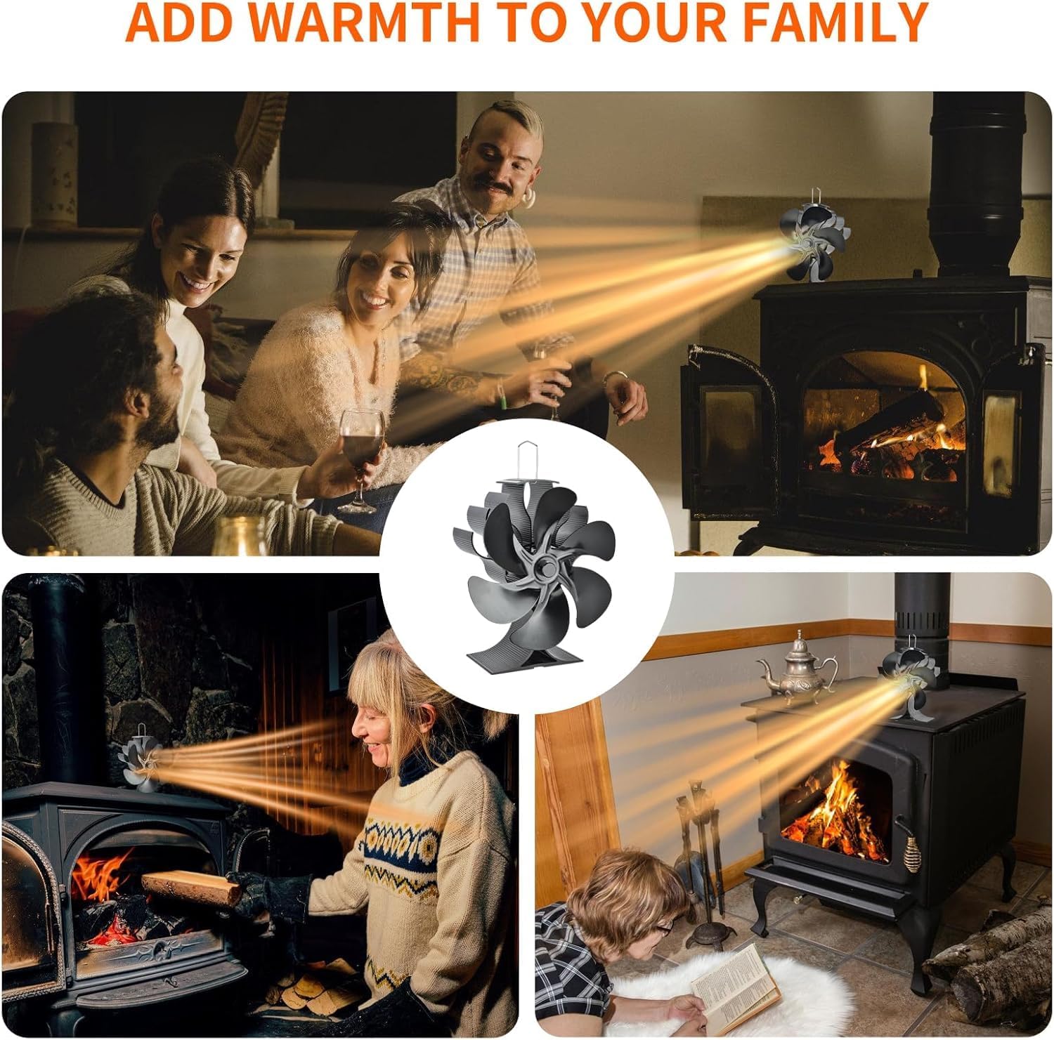 Ventilateur Poele à Bois,Ventilateur à Charbon de 6 Feuilles, économe en énergie et silencieux, Convient aux poêles à bois, cheminées et cheminées