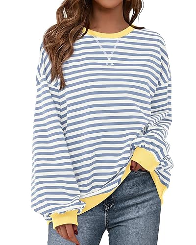 BTFBM Womens Striped Pullover Tops Spring Fall Clothes 2025 Long Sleeve Shirts Trendy Crew Neck Loose Y2K Sweatshirts - Blue Beige White - Small