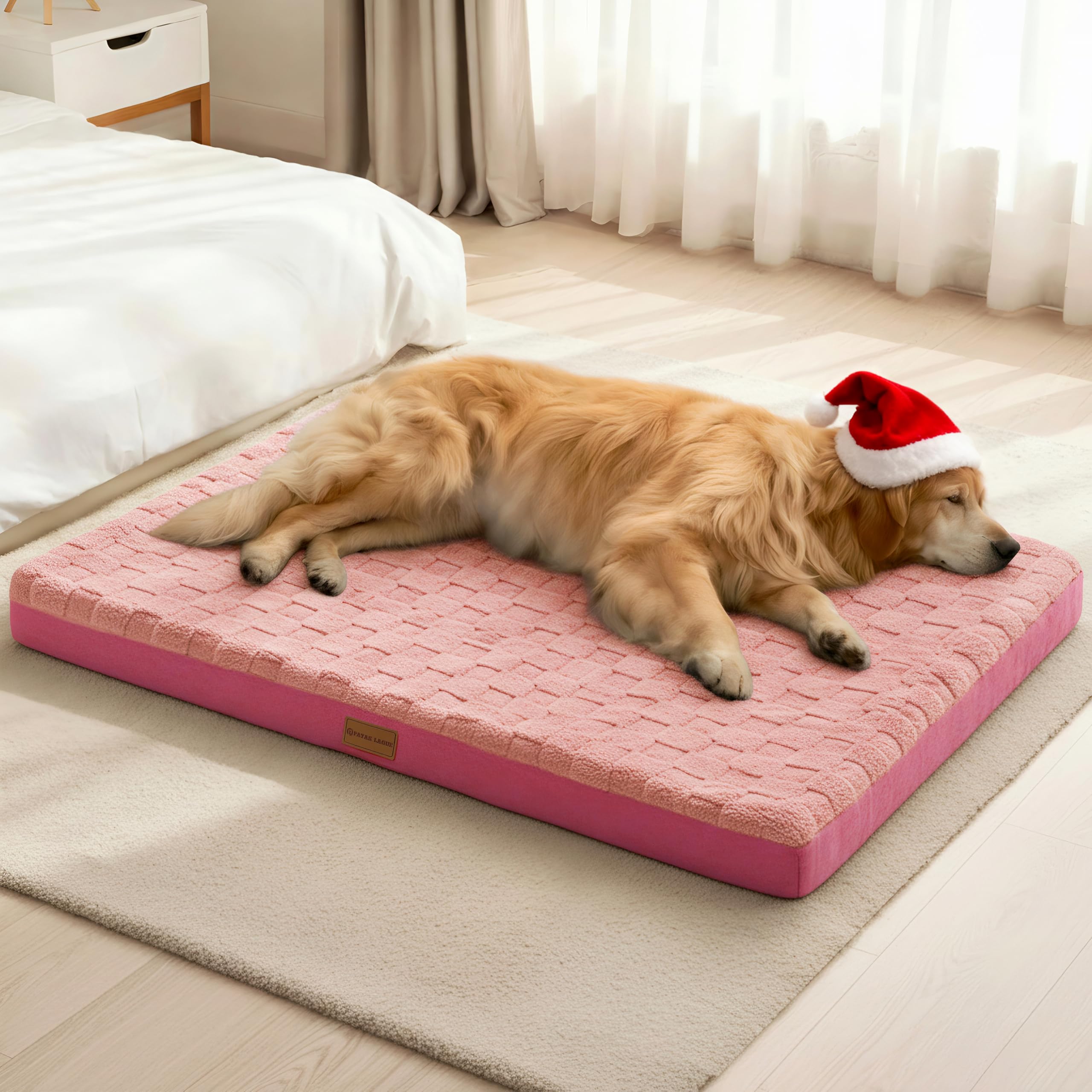Patas Lague Orthopedic XL Dog Bed Large Sized Dog 42''X28'', Waterproof Soft Comfortable Egg Crate Foam Large Pet Beds Crate Mat with Removable Washable Cover and Nonskid Bottom, Pink