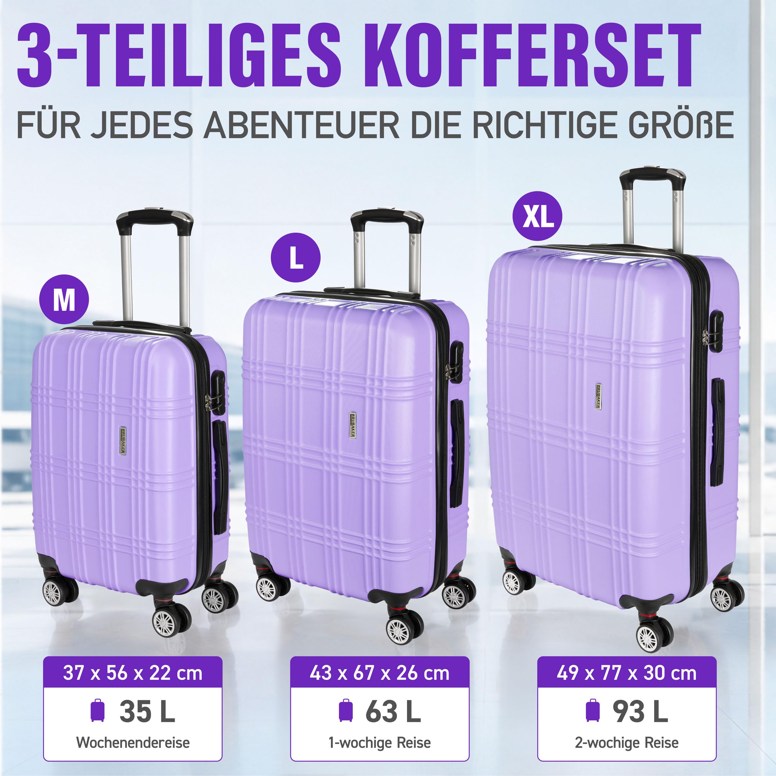 BRUBAKER Zestaw Walizek Bahamas – Komplet 3 Walizek Wraz z Bagażem Podręcznym – Walizki Twarde z Zamkiem Szyfrowym, 4 Kółkami i Wygodnymi Rączkami – Walizki ABS (M, L, XL – Fioletowy)