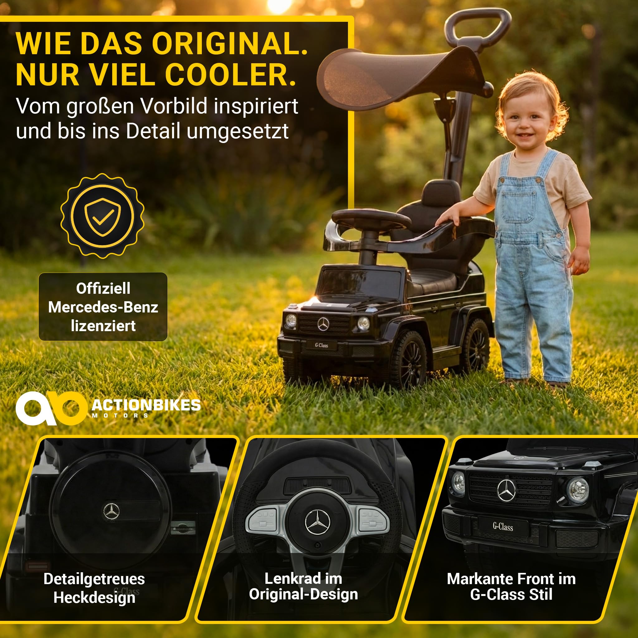 Actionbikes Motors Lauflernwagen Mercedes G350d | Rutschauto mit Schiebestange Schutzbügel Sonnendach - Kinderauto - Rutschfahrzeug - Laufrad - Gehwagen - Kinderfahrzeuge ab 1 Jahr (Schwarz 3in1)
