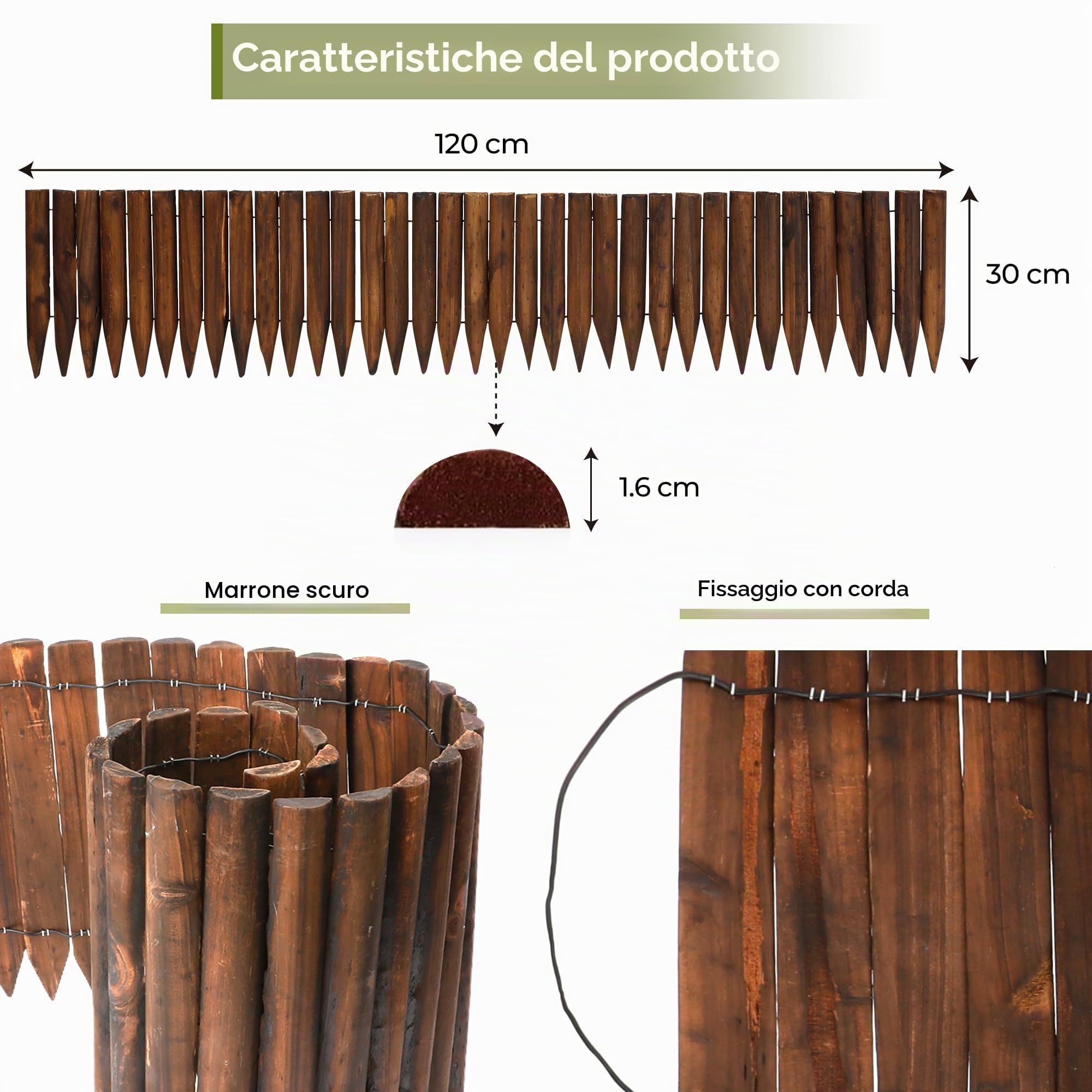 Recinzione in legno per esterni, giardino, prato, paesaggio, flessibile, finitura in legno bruciato, lunghezza 120 cm x altezza 30 cm, marrone scuro