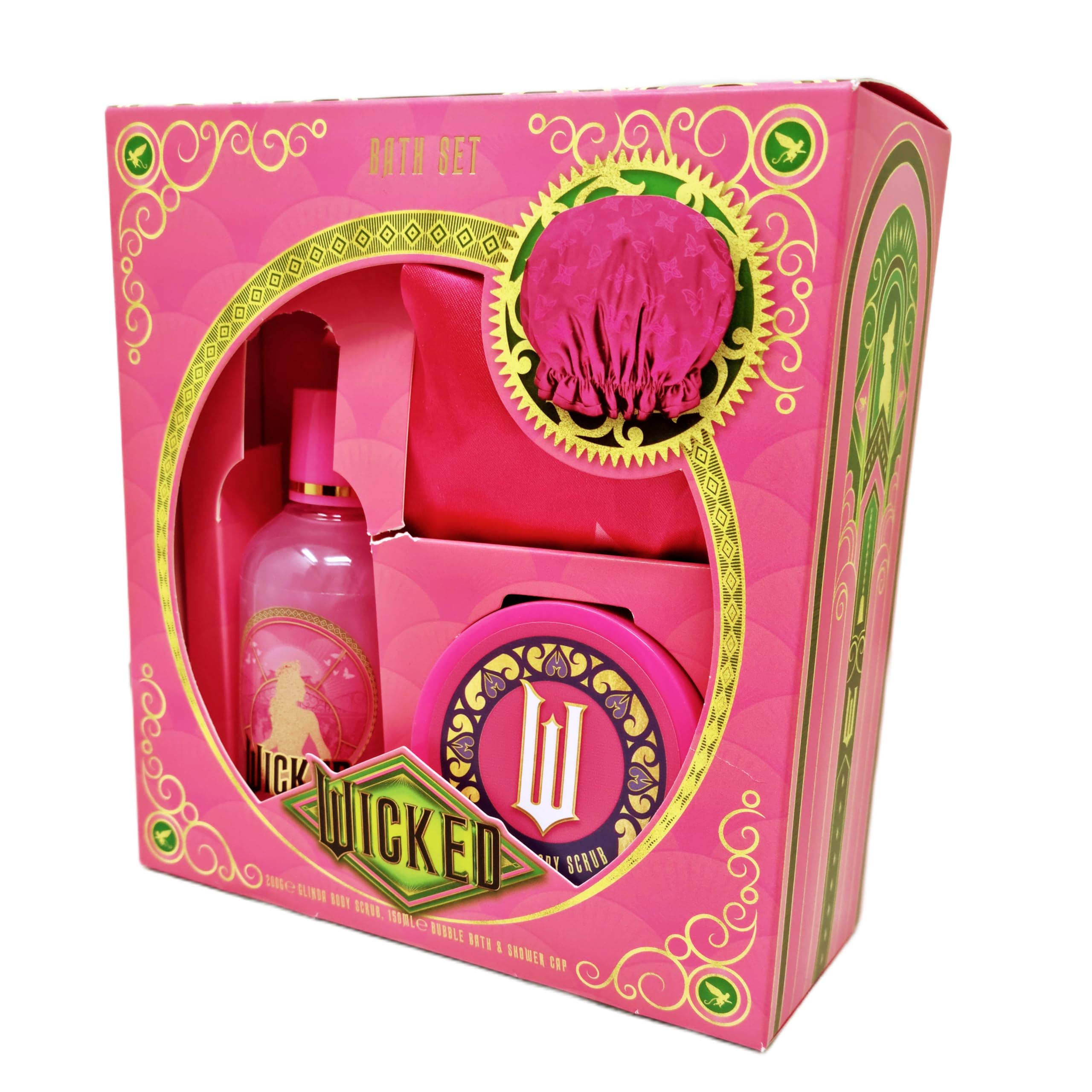 Wicked Glinda - Confezione regalo da bagno in schiuma rosa, burro per il corpo e cuffia da doccia, prodotto con licenza ufficiale Wicked