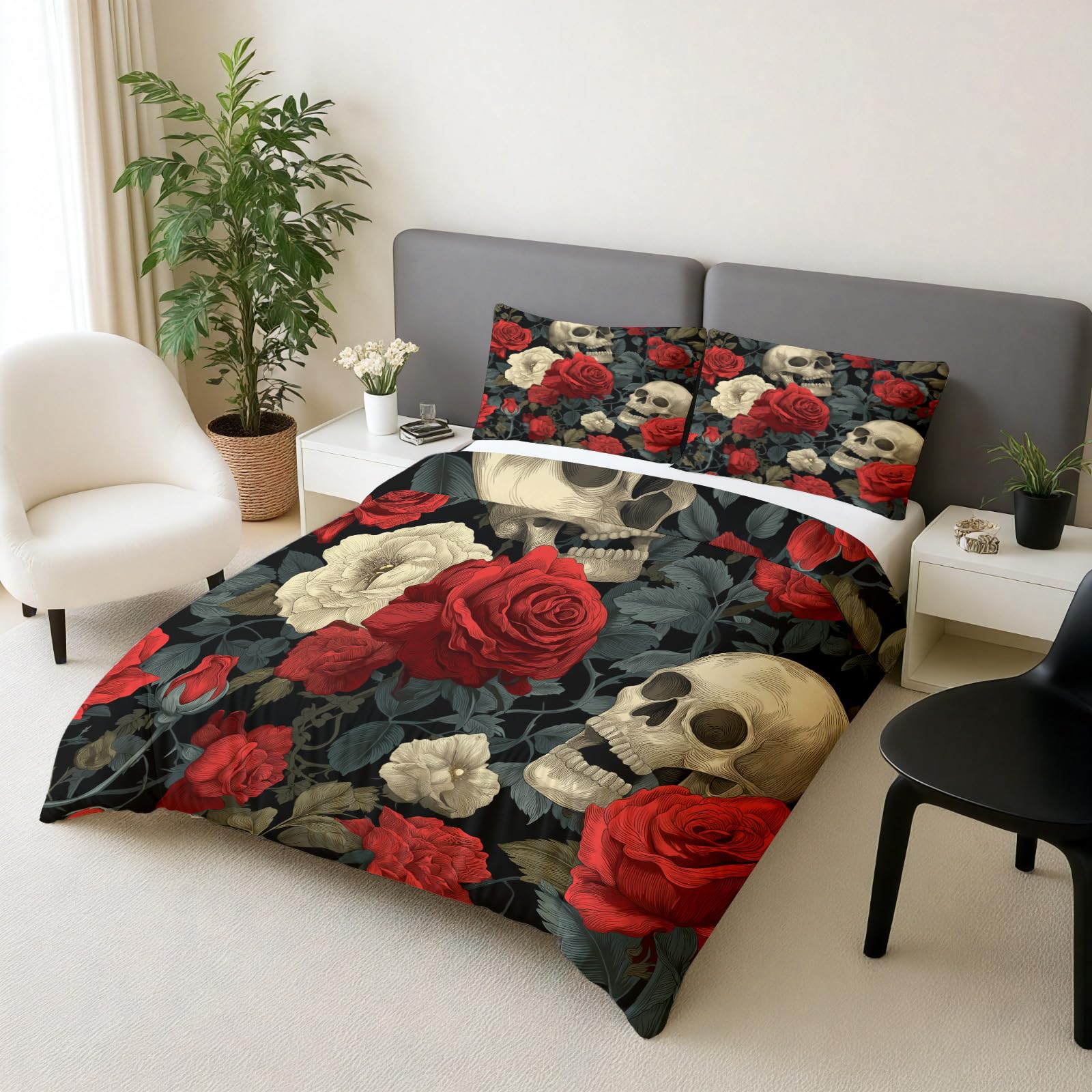 Housse de couette tête de mort 220x240 parure de lit fleurie 3 pièces pour adulte