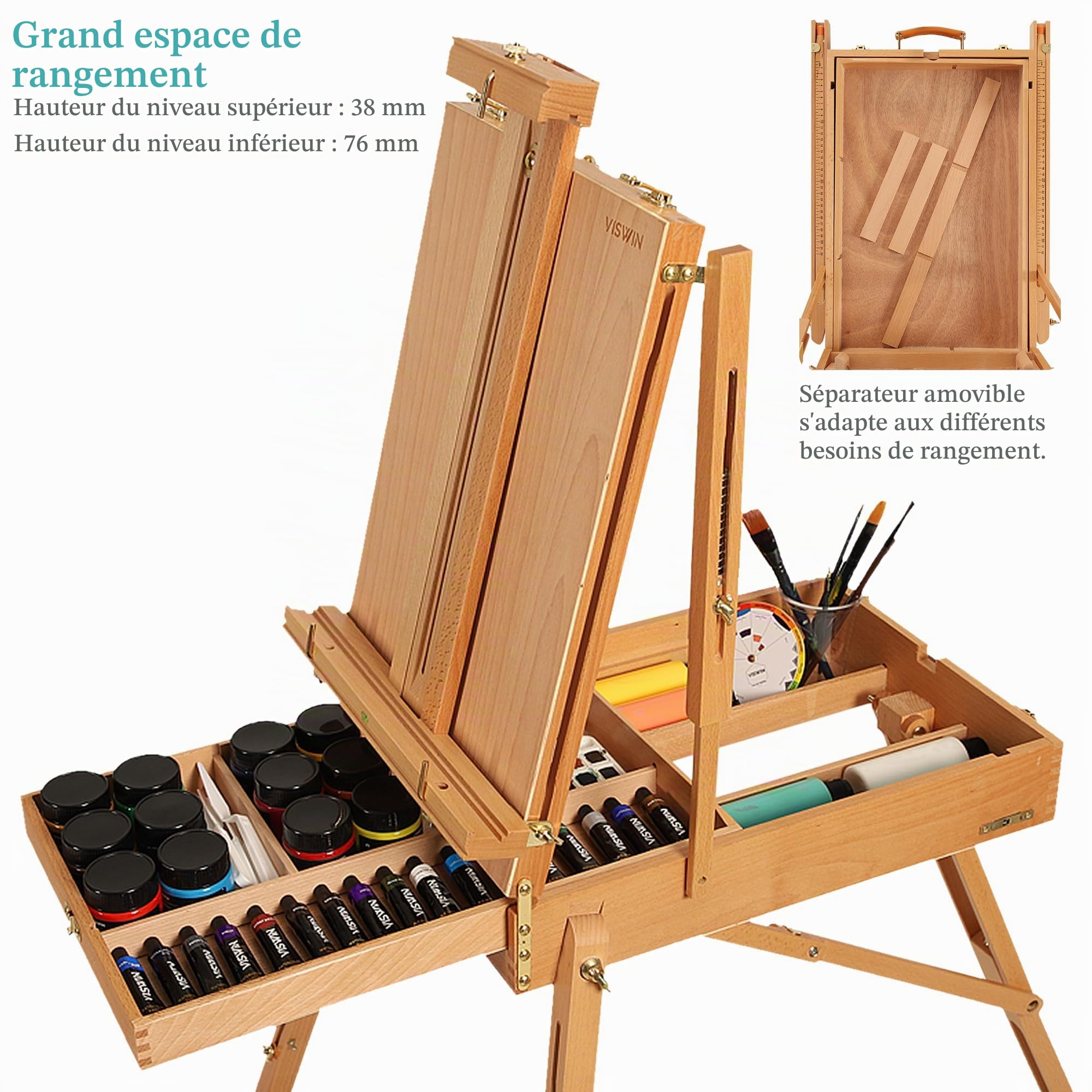 VISWIN chevalet français contenir des toiles jusqu'à 34", support de chevalet en bois de hêtre avec instrument de niveau et pied d'échelle