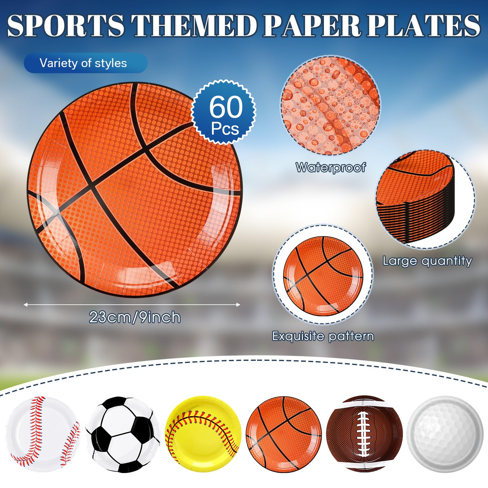 Hushee 180 decorazioni per feste di compleanno a tema sportivo, forniture per la tavola usa e getta, includono 60 piatti di carta a tema sportivo, 60 bicchieri di carta, 60 tovaglioli per bomboniere