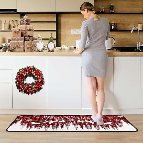 Miniatura 3 de Juego de 2 alfombras de cocina de búfalo con diseño de árboles de Navidad, copos de nieve, color rojo, para fiestas de invierno y vacaciones,