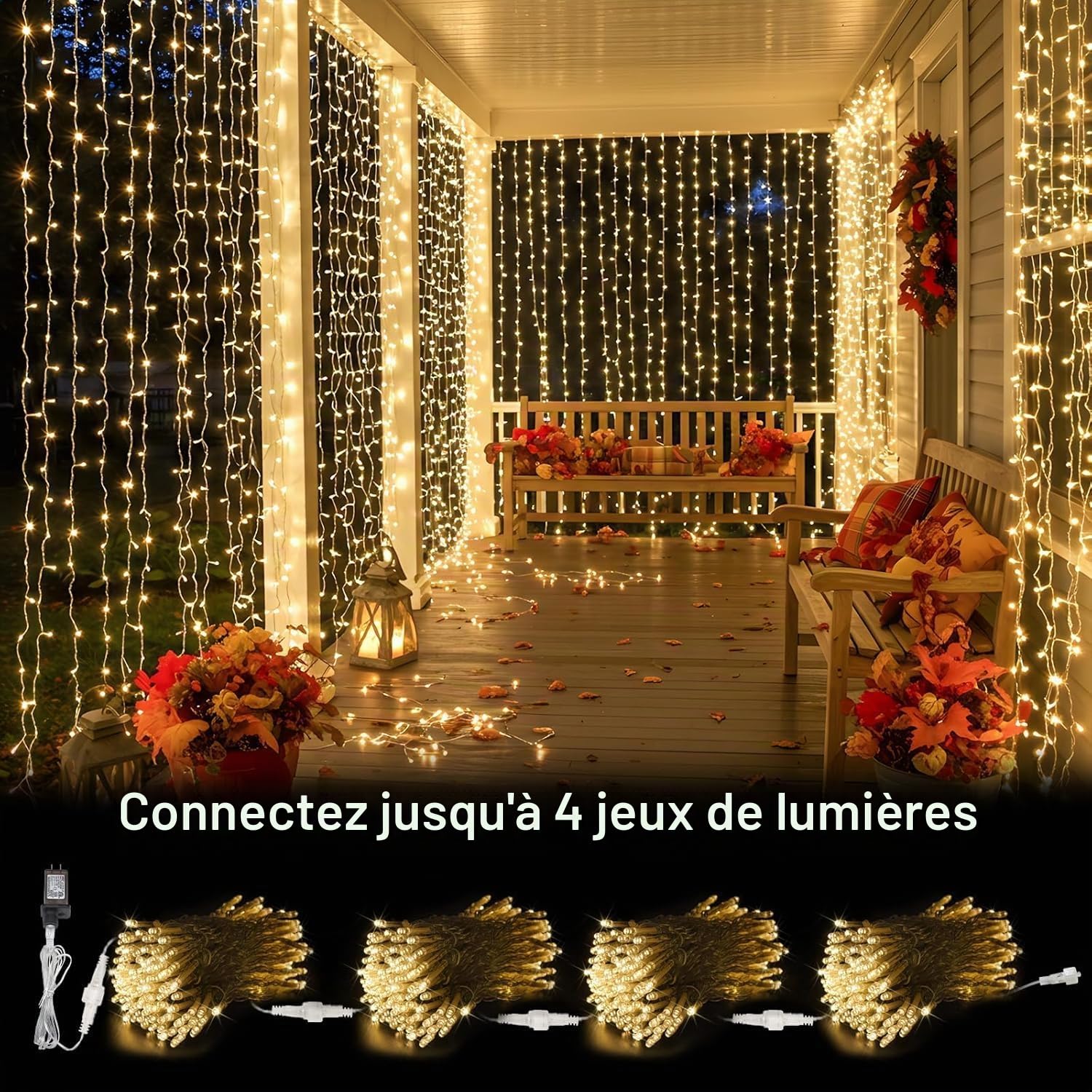 Joycome Rideau Lumineux, 6x3m 600 LED Guirlande Rideau Lumineuse Alimenta Secteur, 8 Modes Guirlande Lumineuse Pour Interieur Exterieure Murale Chambre Plafond Balcon Mariage Décoration - Blanc Chaud