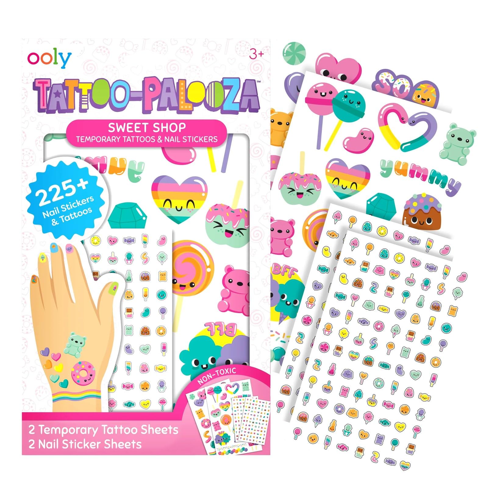 Ooly Set of 35 Sweet Shop Temporary Tattoos and 192 Nail Stickers for Kids, Non-Toxic, Safe Child Tattoos, Party Favors, Goodie Bag Stuffers Gifts for
