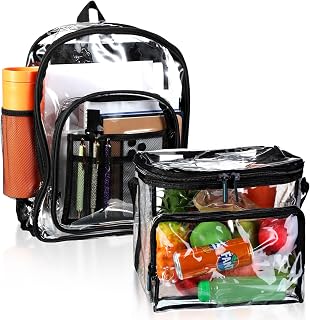 2 Pcs Clear Backpack Set Clear Lunch Bag Plastic PVC See Through Heavy Duty Clear Tote Bag Stadium Approved with Zippers Adjustable Shoulder Straps for Work Travel Women Men Officers Festival