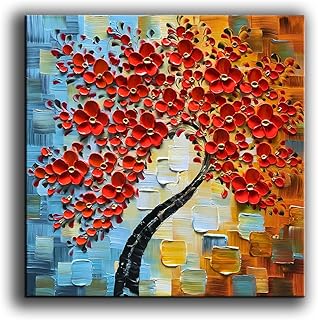 YaSheng Art -Modern Abstract Painting 3D Red Flowers Oil Painting On Canvas Tree Paintings Home Interior Decor Wall Art for living room Bedroom Ready to hang 24x24inch
