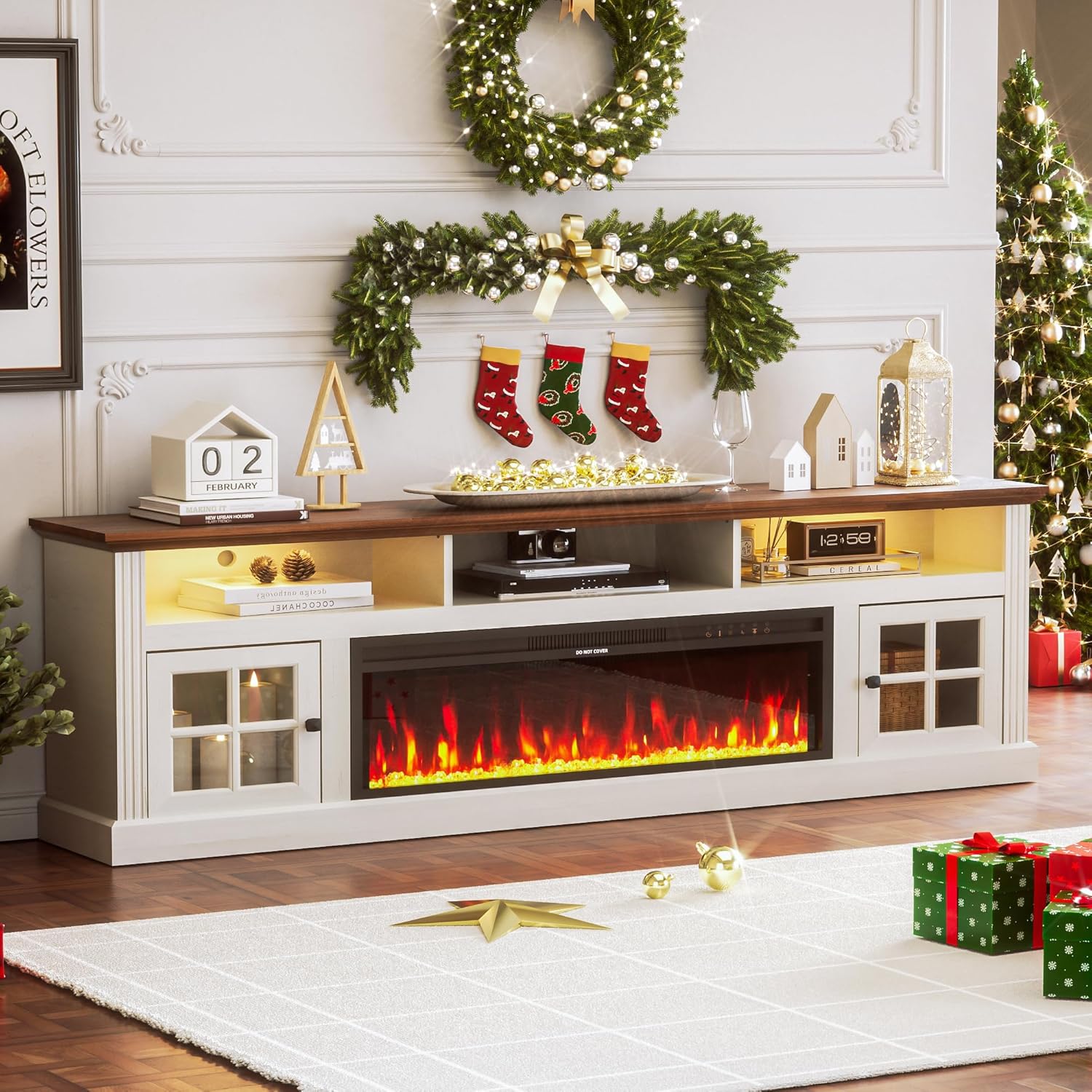 70" Fireplace TV Stand for TVs Up to 80" with Storage Cabinets, Entertainment Center with 36" Electric Fireplace, Led Light TV Consoles for Living Room, Farmhouse Media Console Table, Crystals