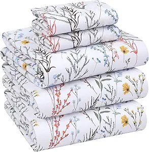 RUVANTI 100% Cotton Split King Sheets Sets for Adjustable Bed, 5 PCs, Soft & Breathable Percale Weave Bedding, Deep Pocket 16", Hotel Standard, Crisp Cool Feel & Durable, Floral Sheet, Aroma