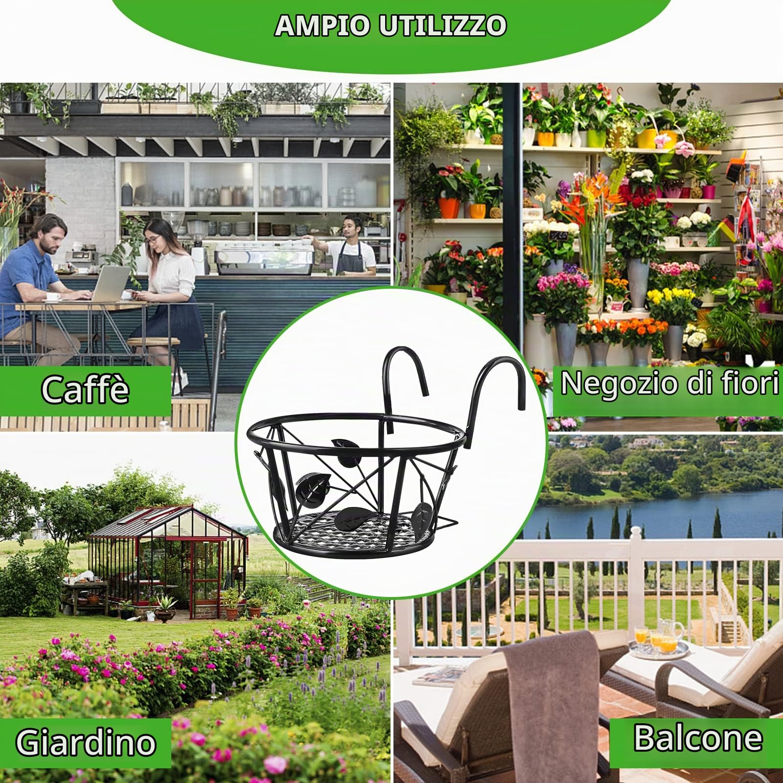 3 Pcs Supporto per Vasi da Fiori, Portafiori da Appendere Cestini in Ferro Artistici Portavasi da Balcone, Veranda Recinzione Patio Interni Esterni