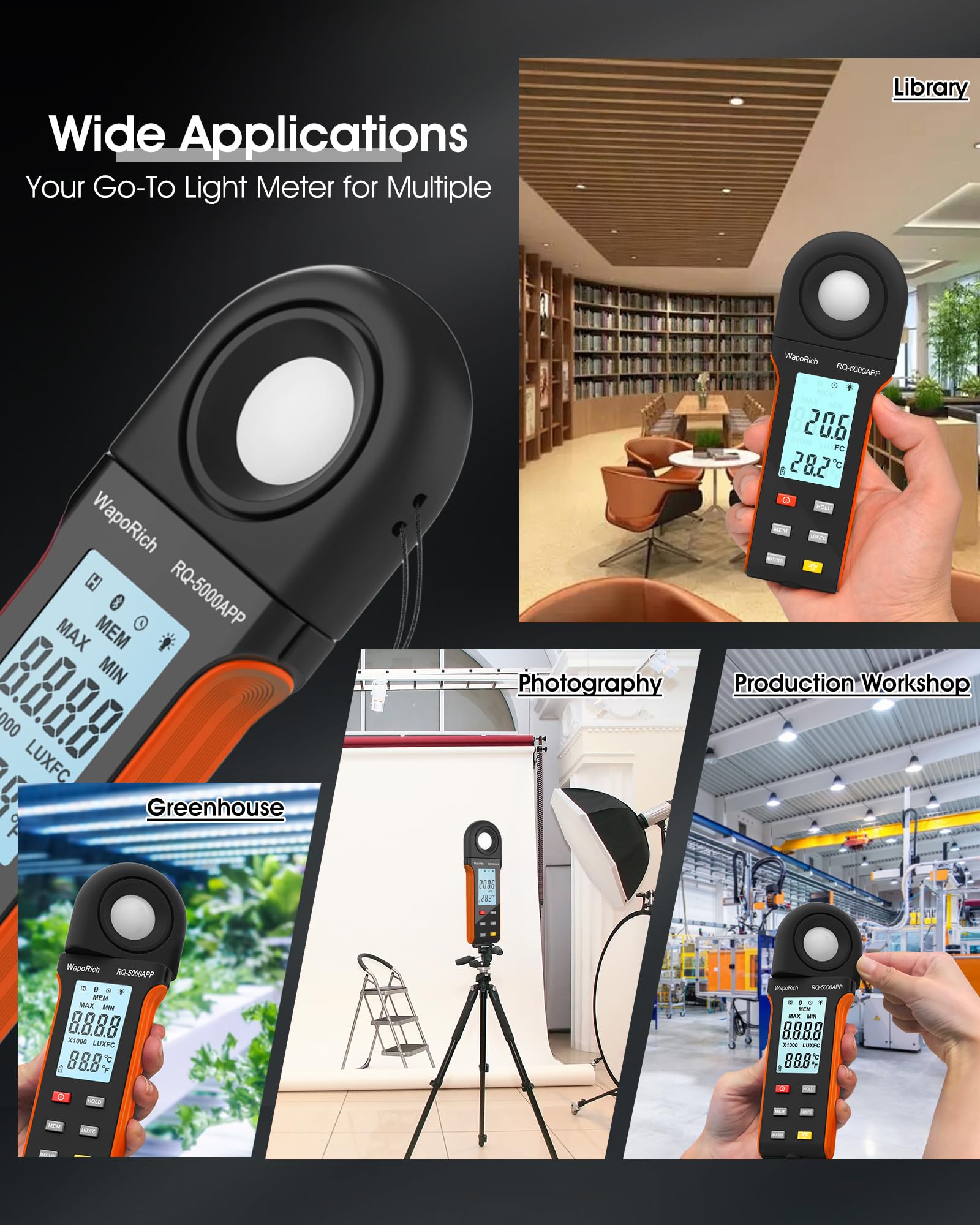 Luxmetro Bluetooth Professionale, WapoRich Misuratore di Luce Digitale Misura 1~400.000 Lux/FC con Temp Ambientale e Schermo Retroilluminato per Piante, Esposimetro Fotografico e Luci LED - RQ-5000APP
