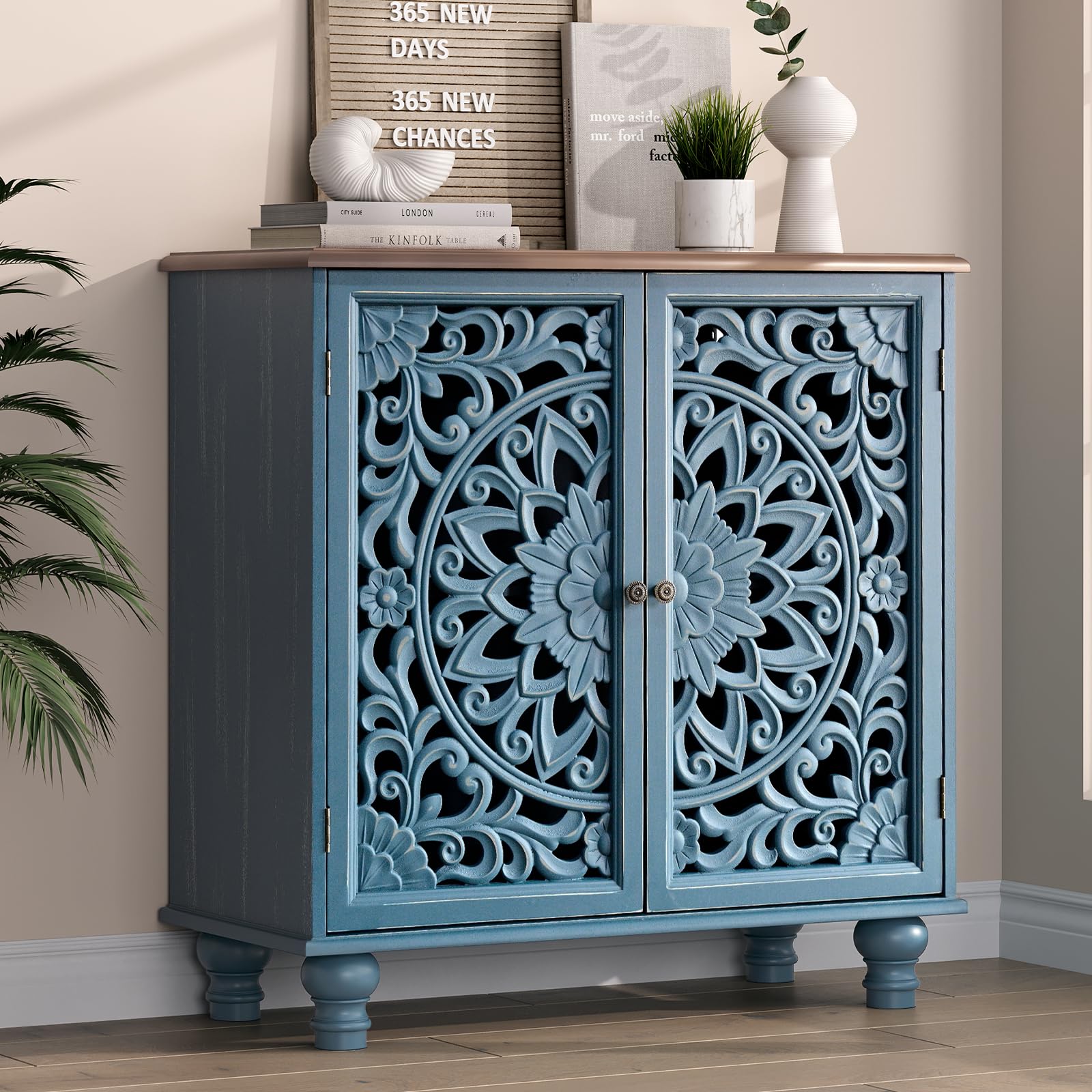 Accent Cabinet with Doors, Decorative Storage Cabinet with Walnut Top and Adjustable Shelf, Carved Sideboard Buffet with Solid Wood Legs for Living Room, Entryway, Kitchen, Hallway, Blue