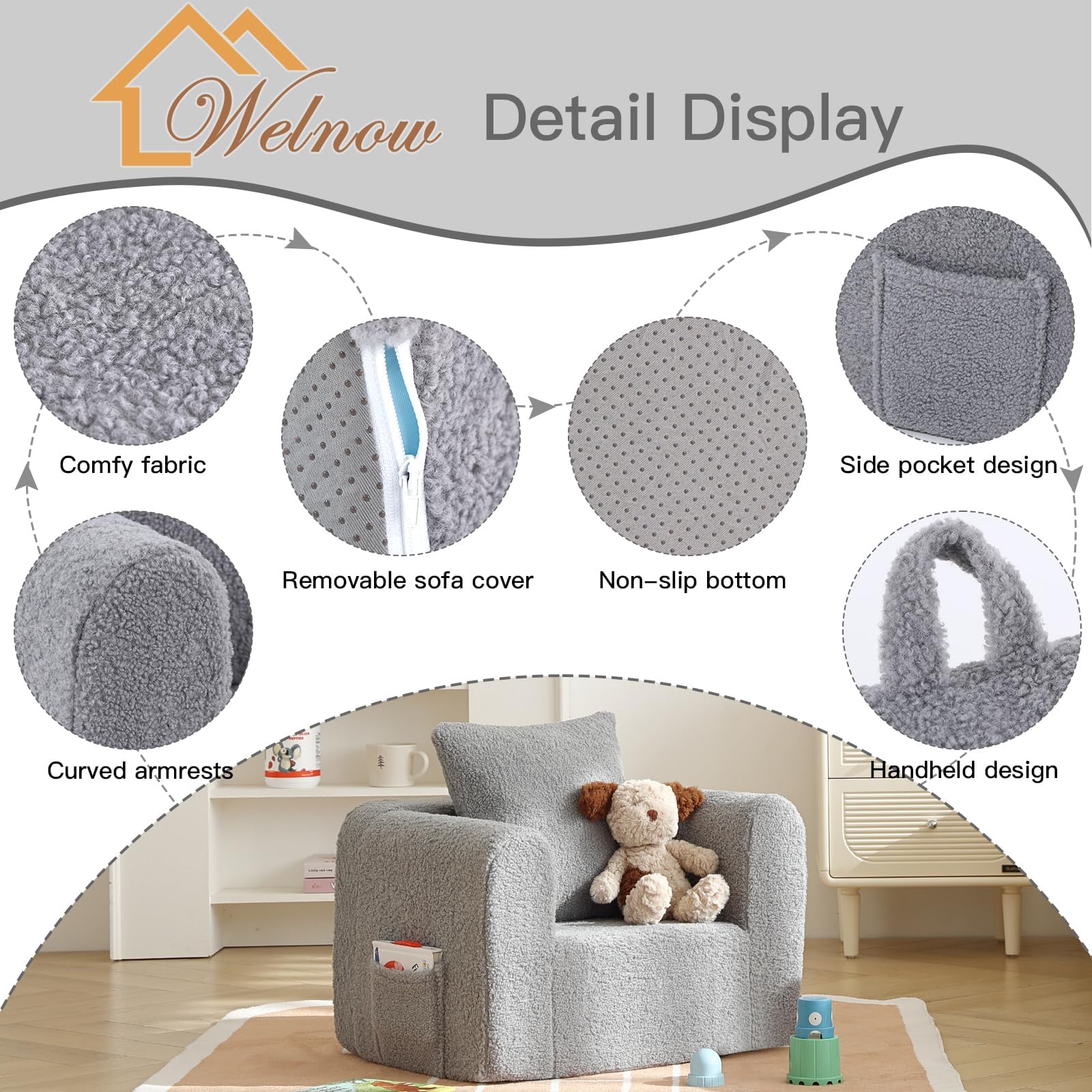 Sofá para niños con almohada, acogedora silla de espuma suave para leer, sofá infantil con reposabrazos, muebles ligeros y cómodos para niños, dormitorio, sala de juegos para niños y niñas, 3