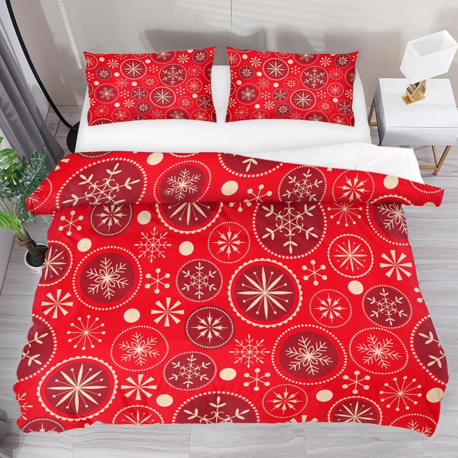 Czerwony świąteczny wzór płatka śniegu 3 szt. zestawy poszewek na kołdrę, oddychający zestaw pościeli Tencel z 2 poszewkami na poduszki, niegniotące się zestawy pościeli dla dzieci nastolatek