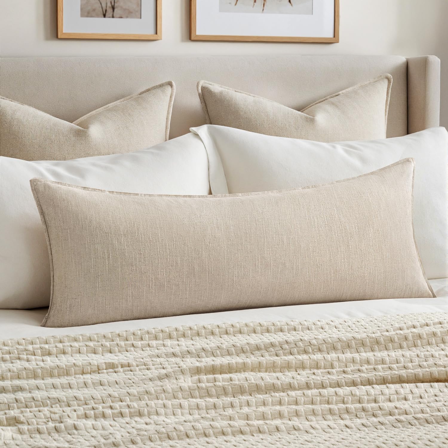 Natural Beige Linen Lumbar Pillow Cover 14x36
